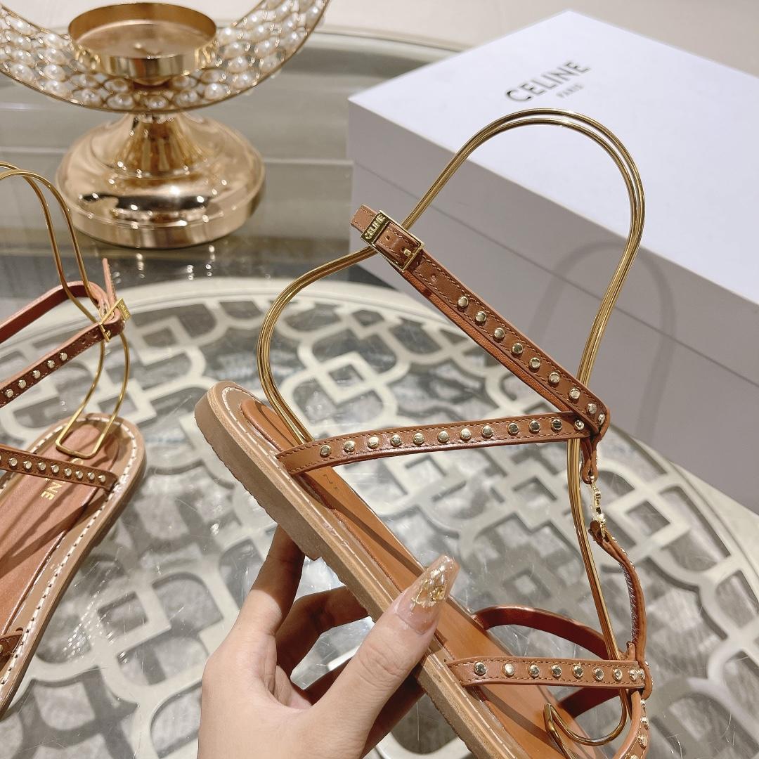 Celine Taillat Flat Sandal With Studs In Calfskin - Vegetal Tanning & Studs Tan - FashionPlug