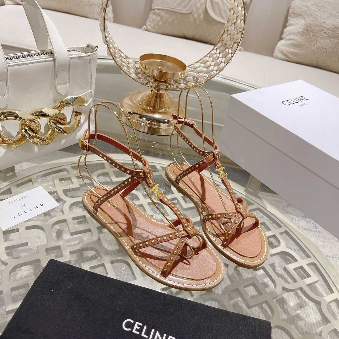 Celine Taillat Flat Sandal With Studs In Calfskin - Vegetal Tanning & Studs Tan - FashionPlug