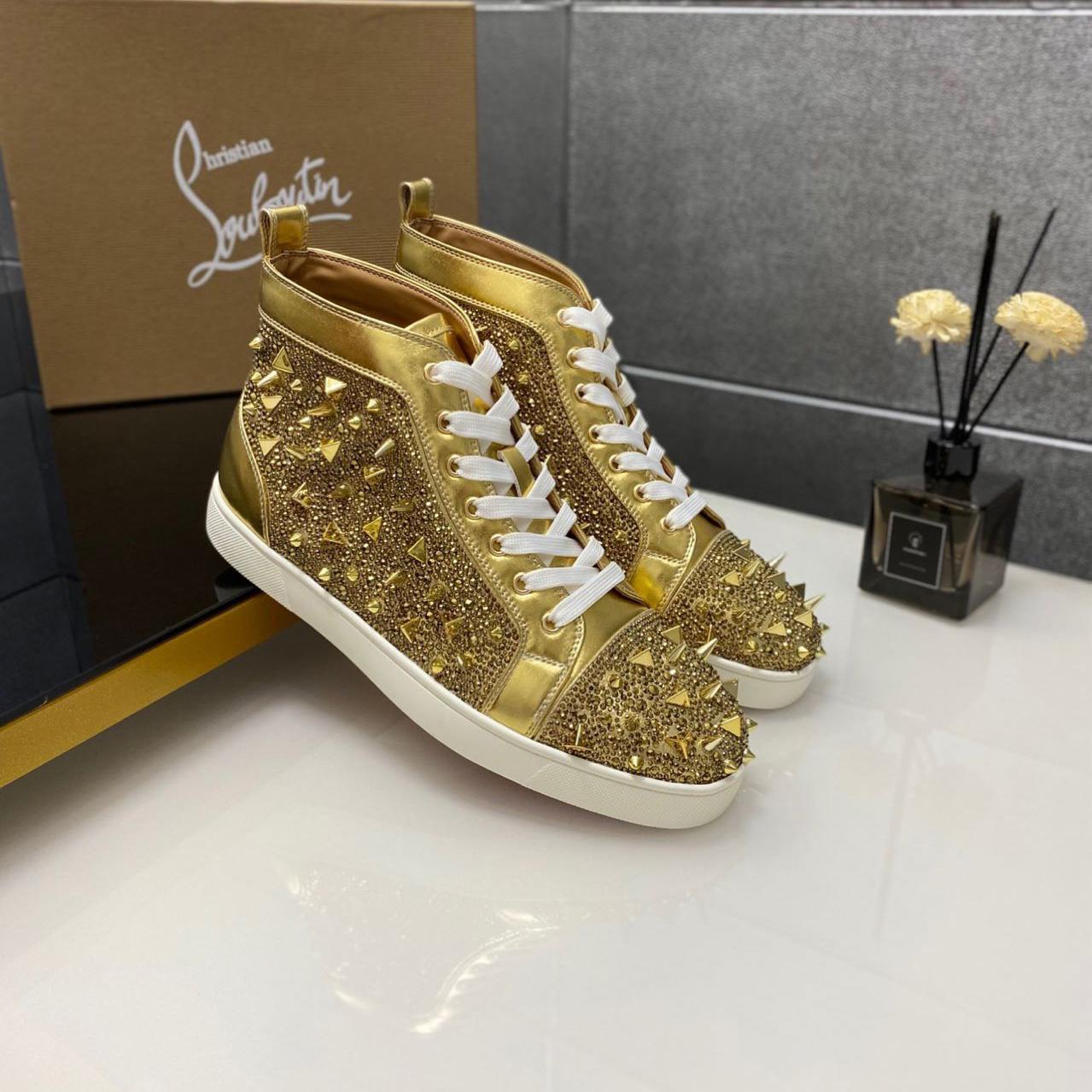 Christian Louboutin Full Diamond High-Top Sneakers - FashionPlug