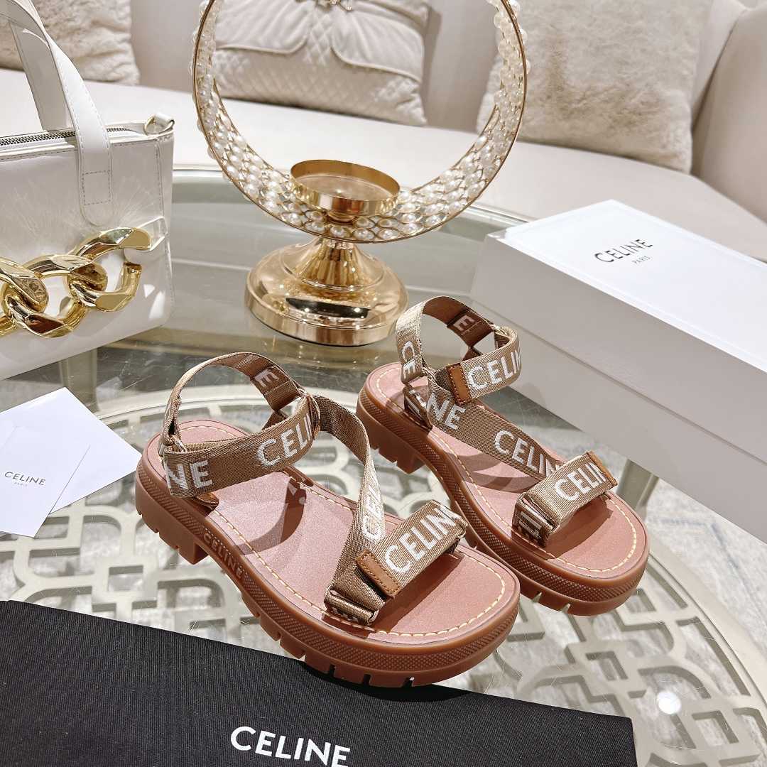 Celine Leo Strappy Sandal In Wool With ''Celine'' Jacquard  Light Beige /White - FashionPlug