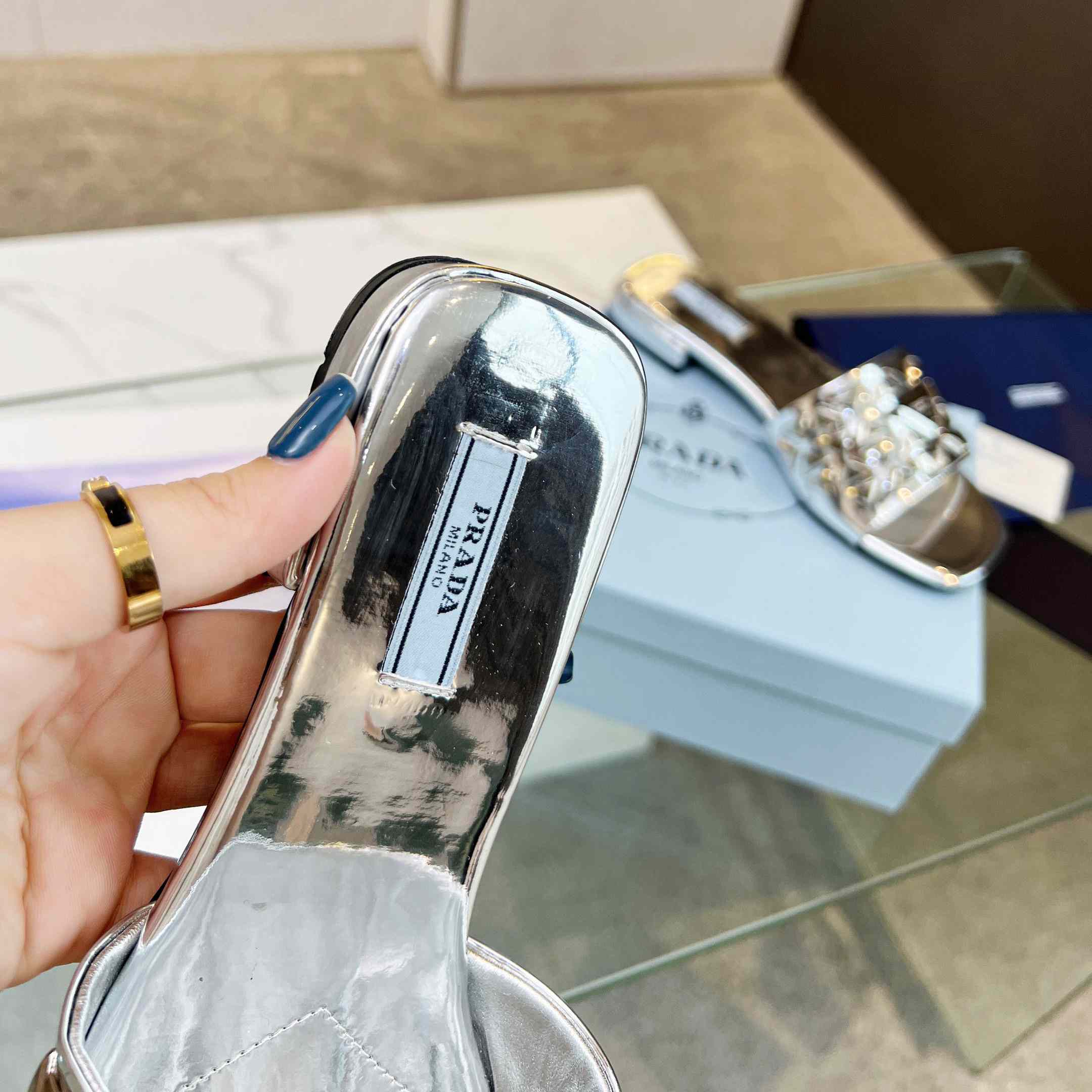 Prada Studded Metallic Leather Slides - FashionPlug