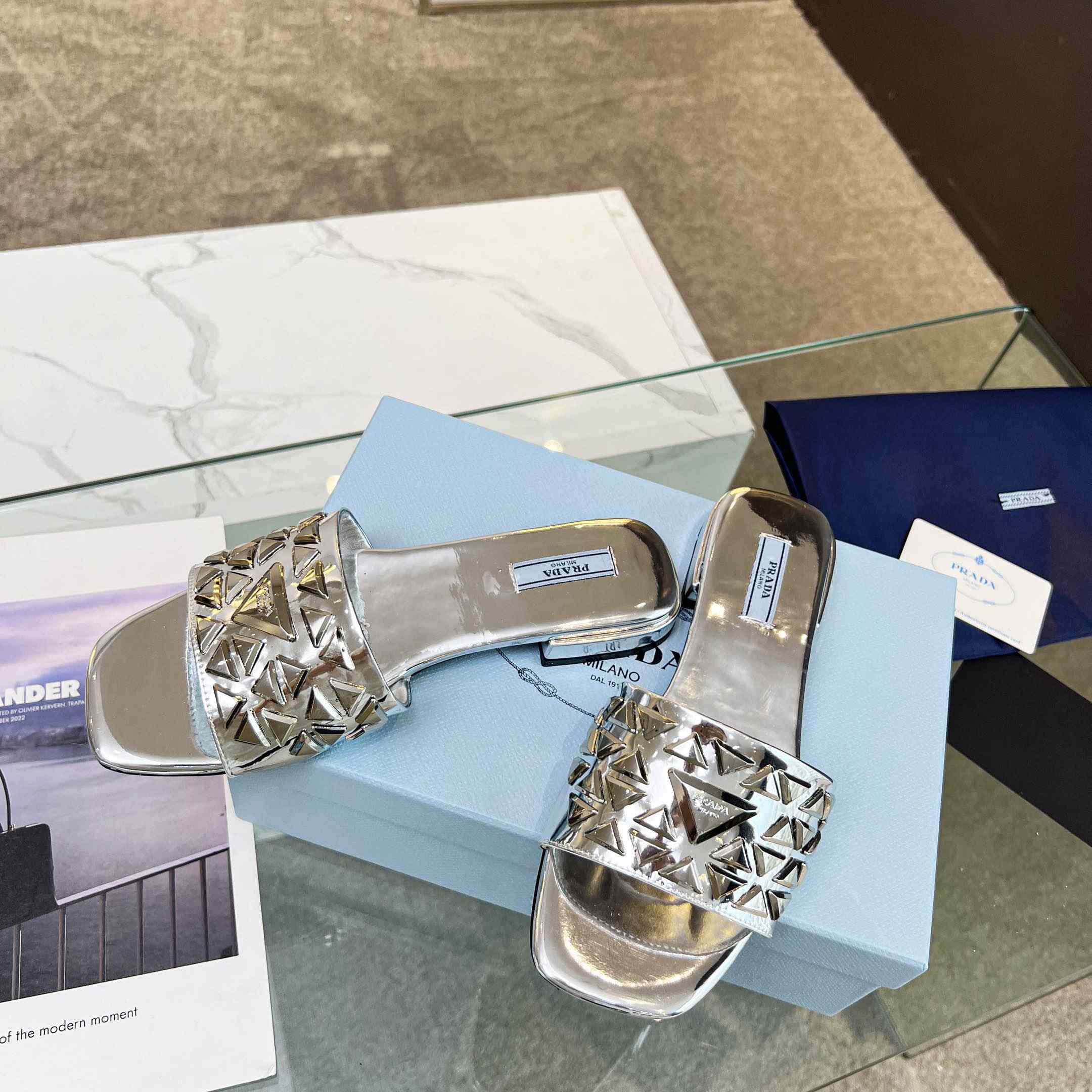 Prada Studded Metallic Leather Slides - FashionPlug