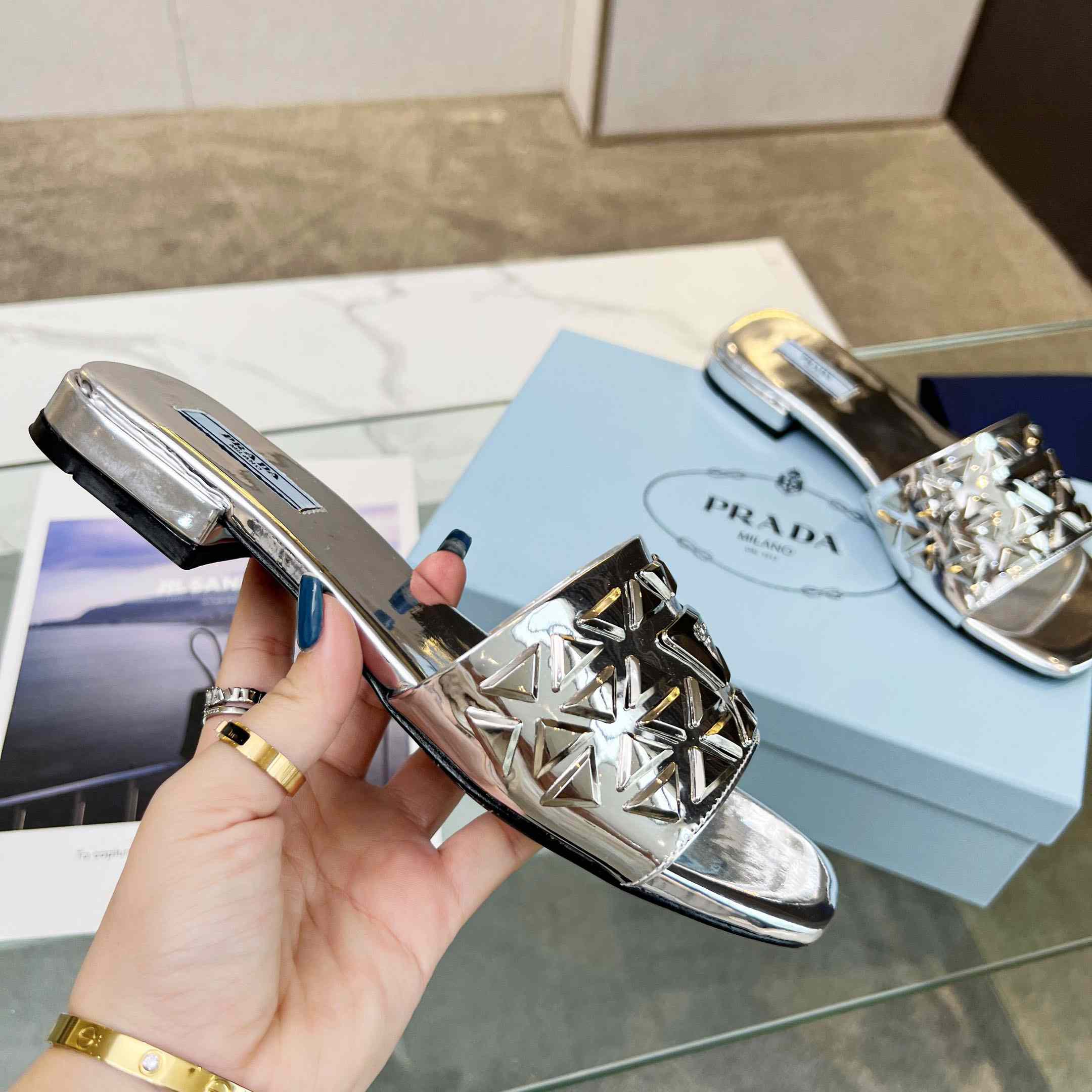 Prada Studded Metallic Leather Slides - FashionPlug