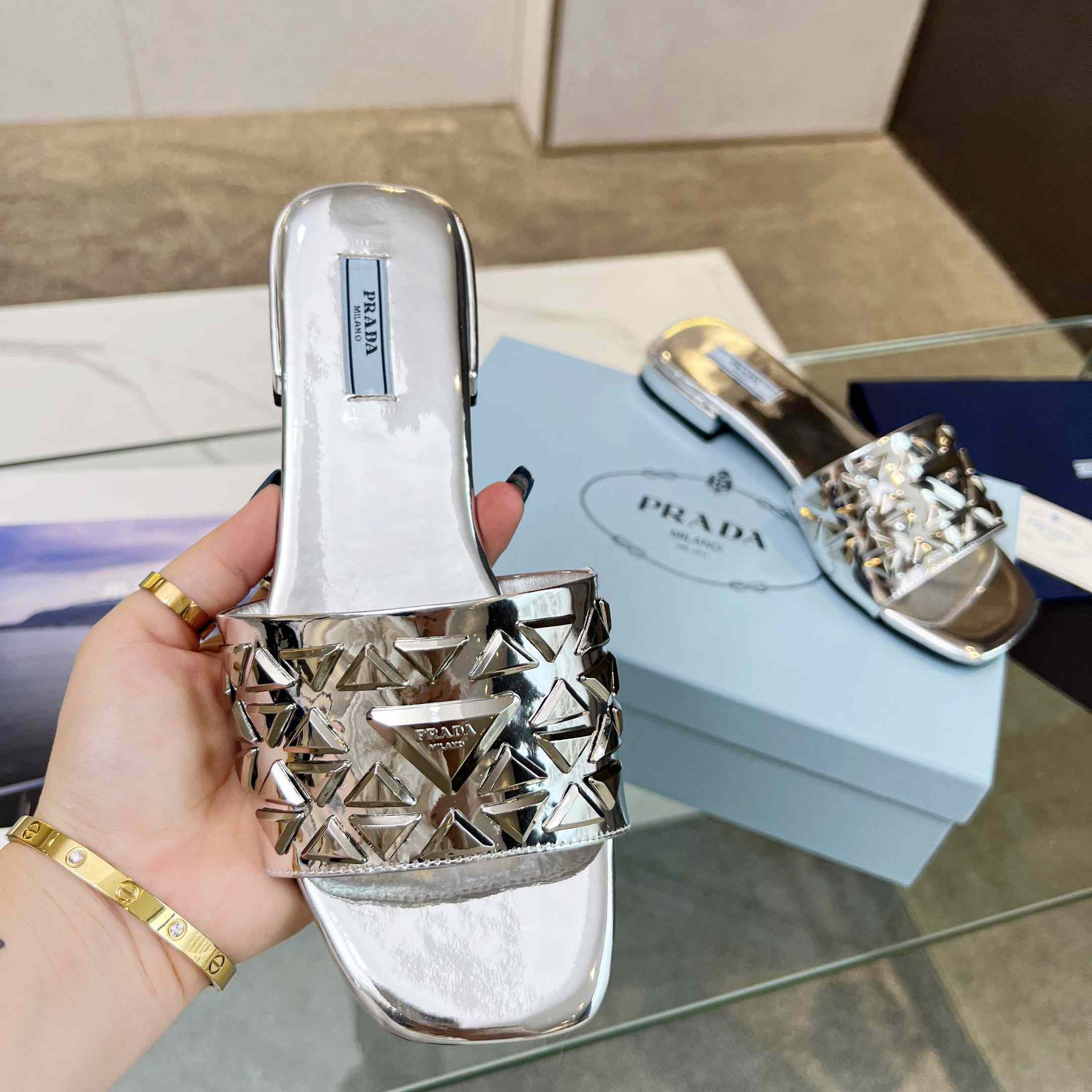 Prada Studded Metallic Leather Slides - FashionPlug