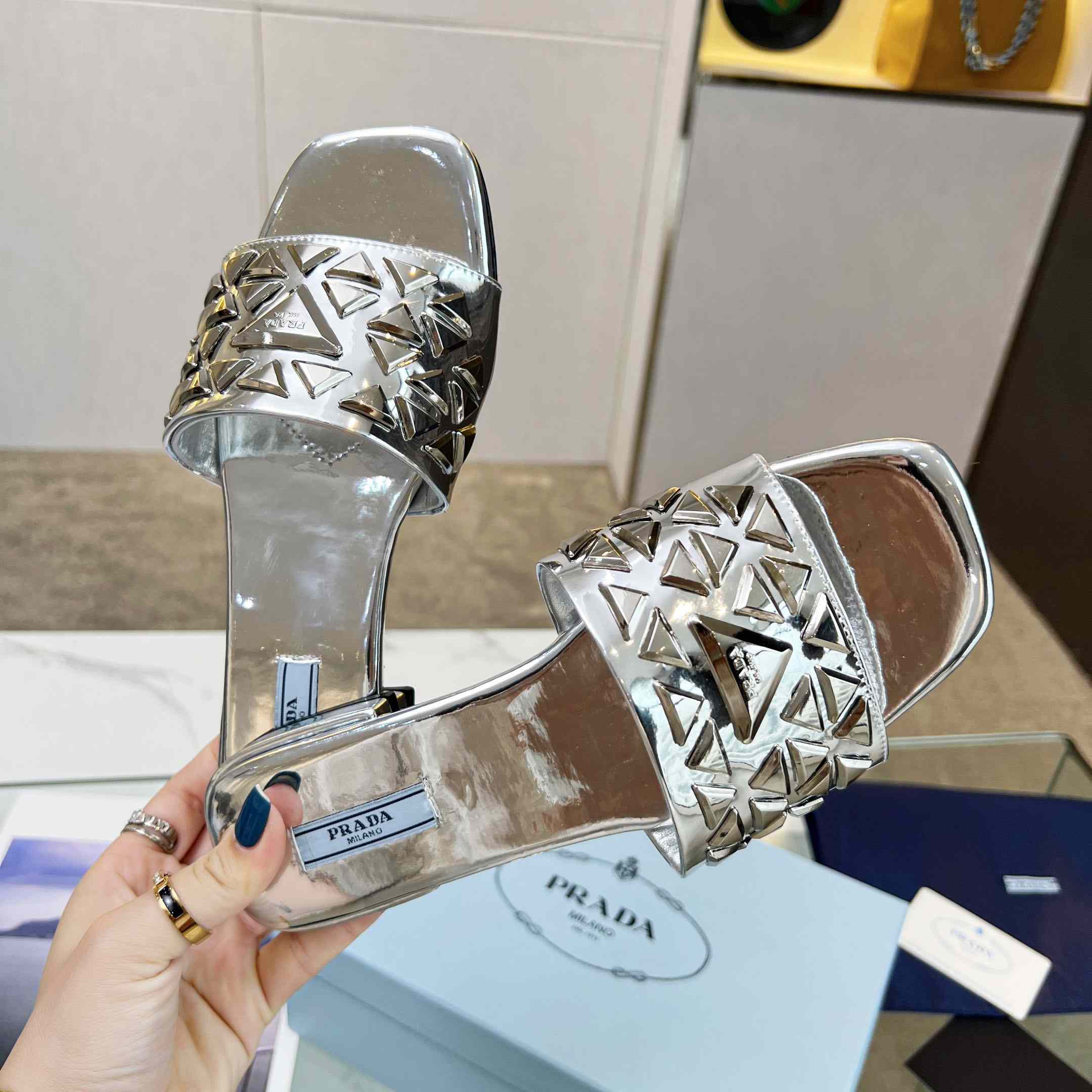 Prada Studded Metallic Leather Slides - FashionPlug