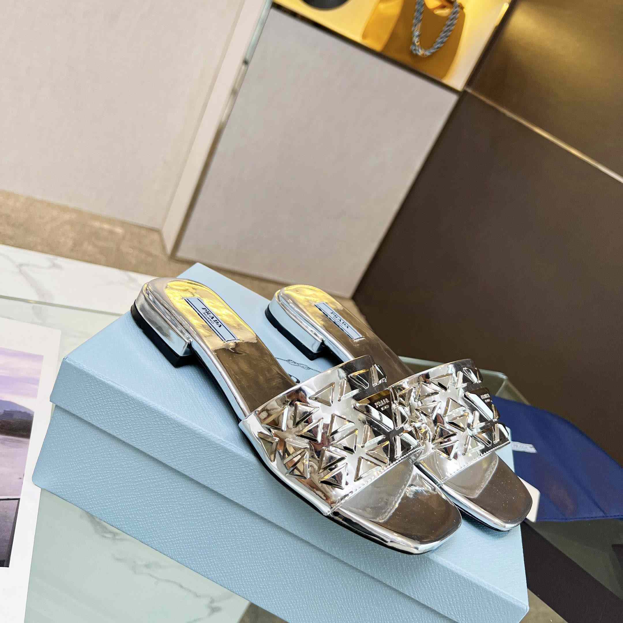 Prada Studded Metallic Leather Slides - FashionPlug