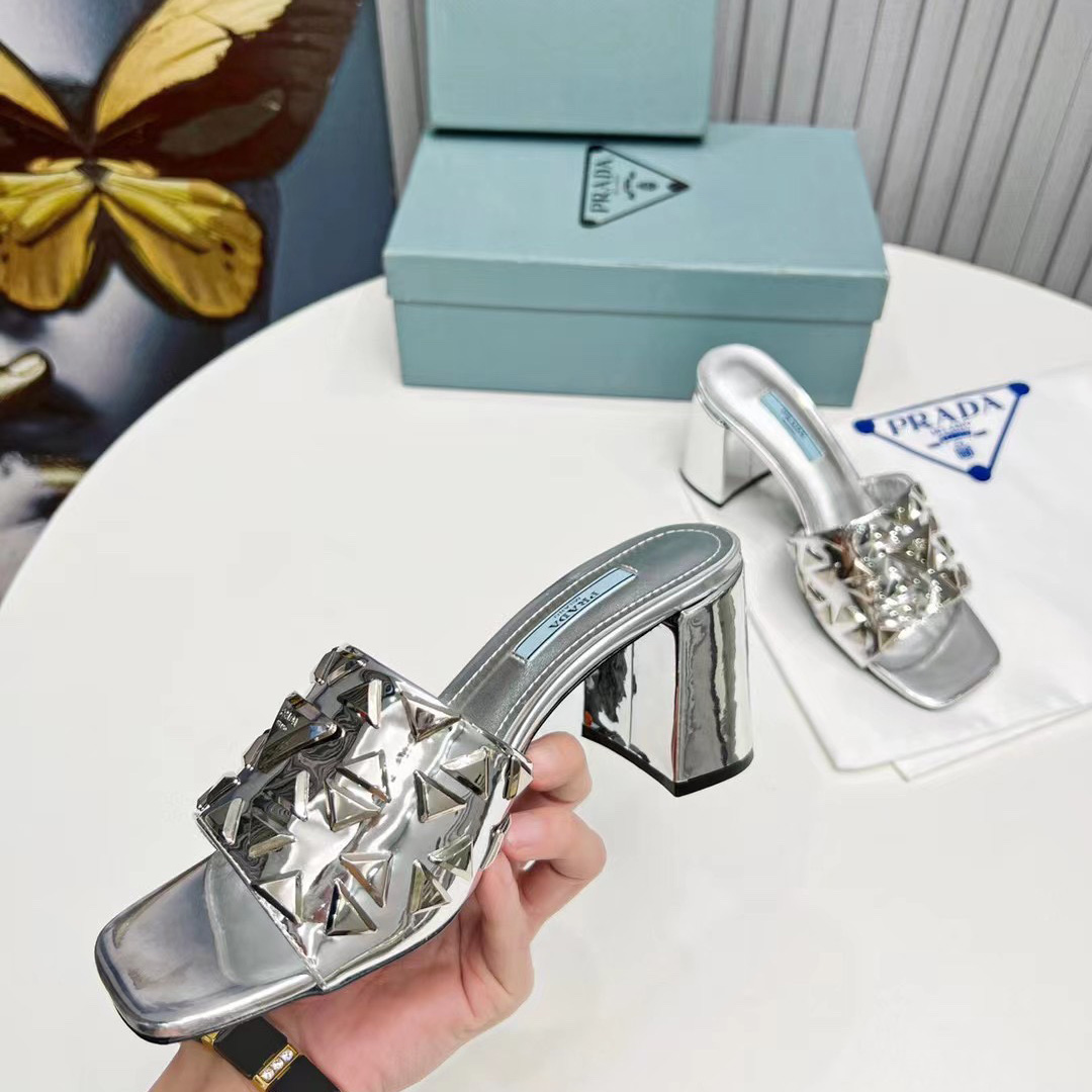 Prada Studded Metallic Leather Mules - FashionPlug
