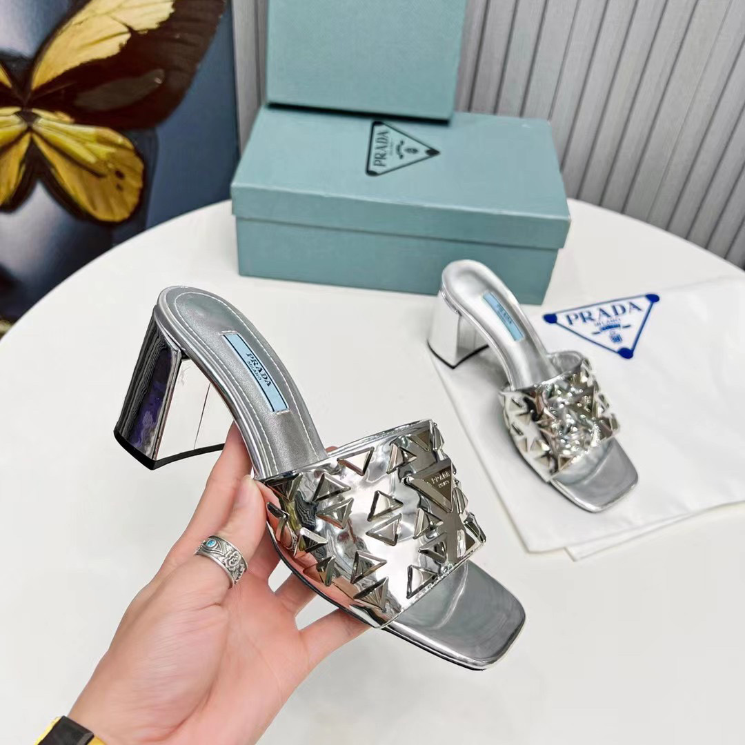 Prada Studded Metallic Leather Mules - FashionPlug