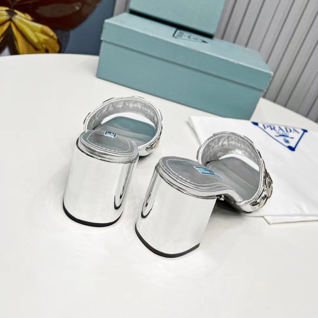 Prada Studded Metallic Leather Mules - FashionPlug