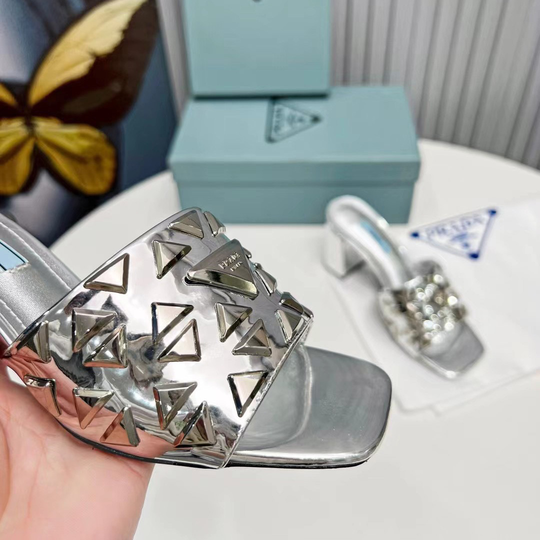 Prada Studded Metallic Leather Mules - FashionPlug