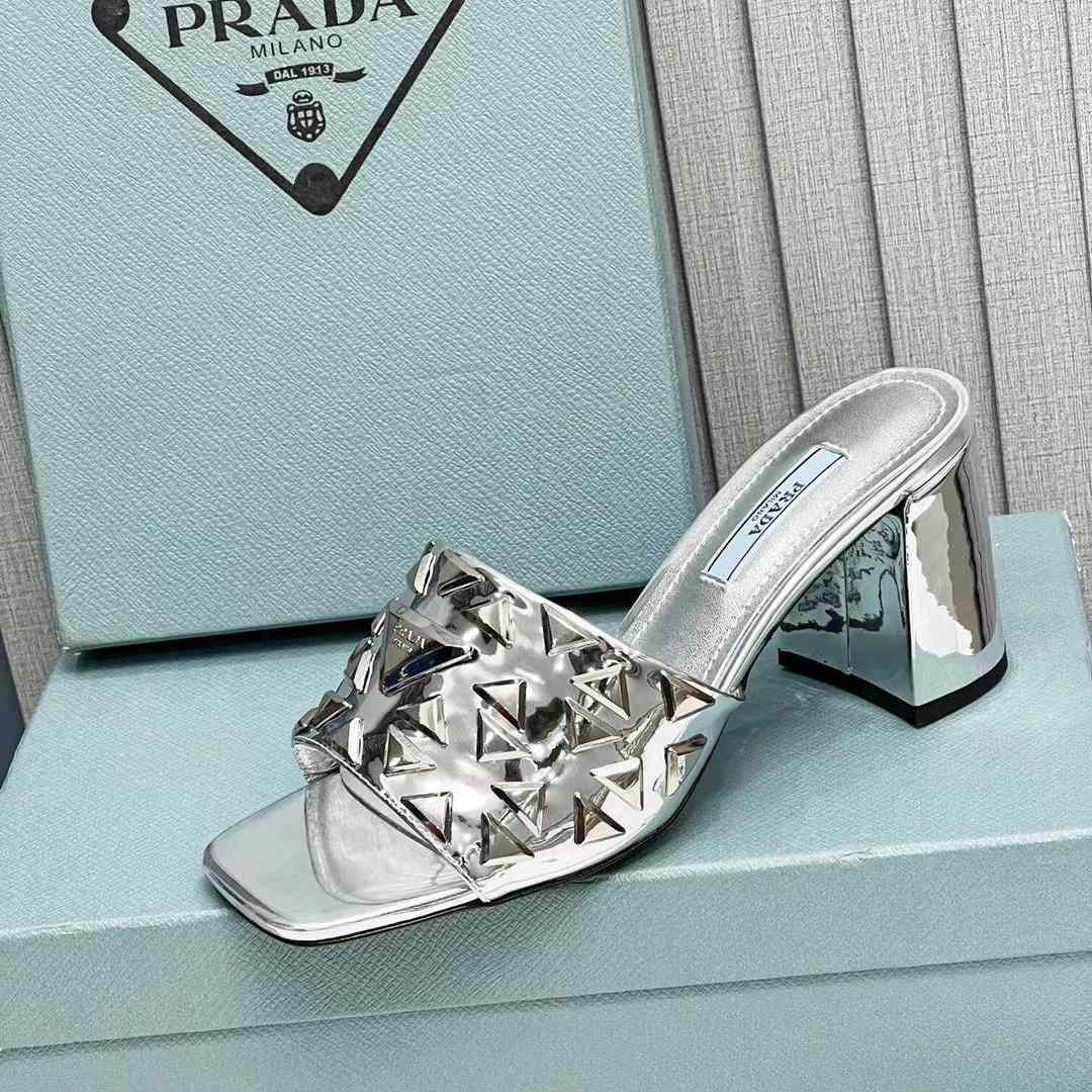 Prada Studded Metallic Leather Mules - FashionPlug