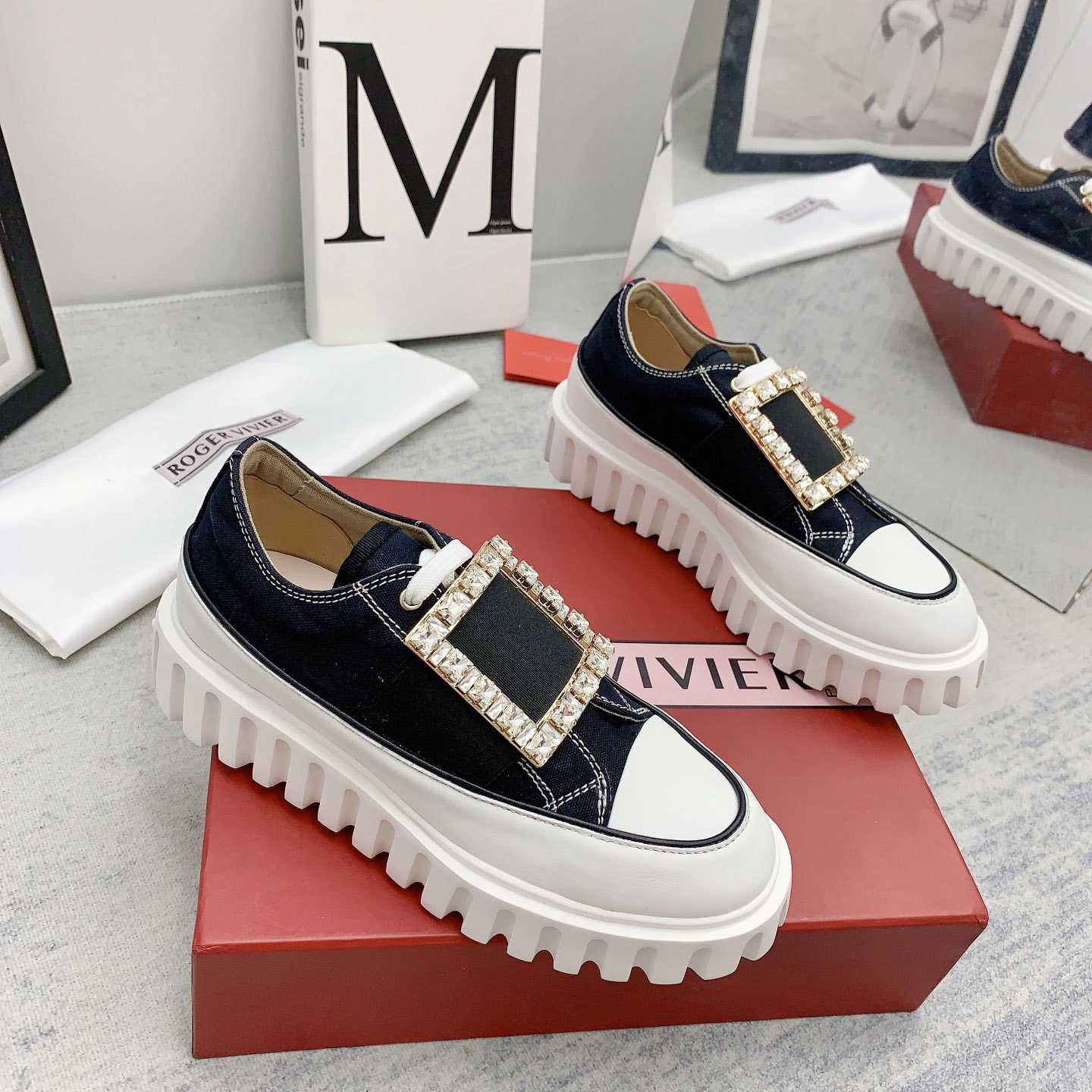 Roger Vivier Viv' Go-Thick Strass Buckle Slip-on Sneakers In Canvas - FashionPlug