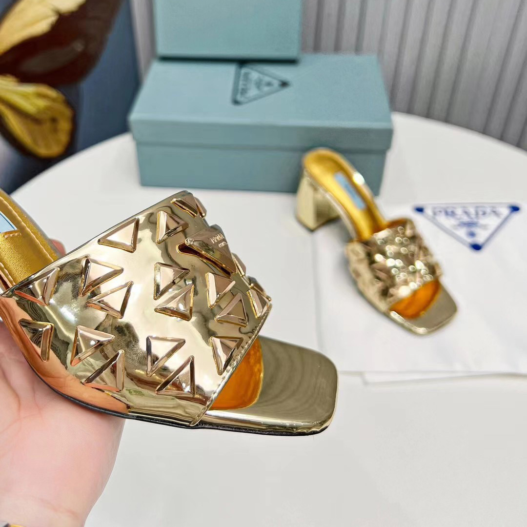Prada Studded Metallic Leather Mules - FashionPlug