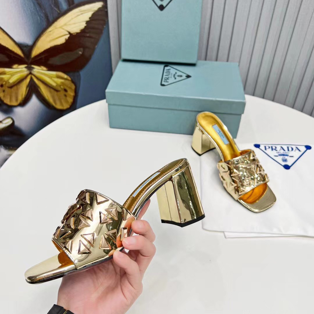 Prada Studded Metallic Leather Mules - FashionPlug