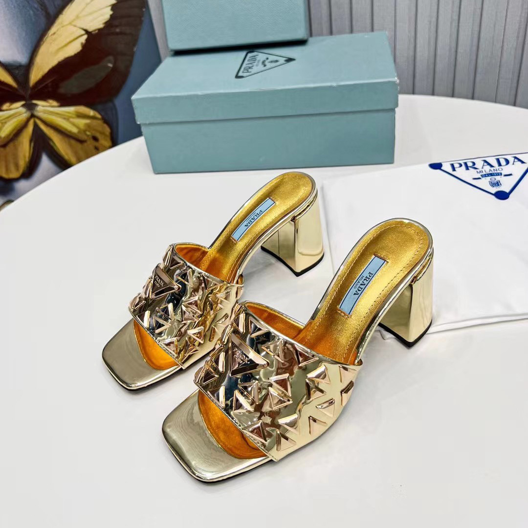 Prada Studded Metallic Leather Mules - FashionPlug