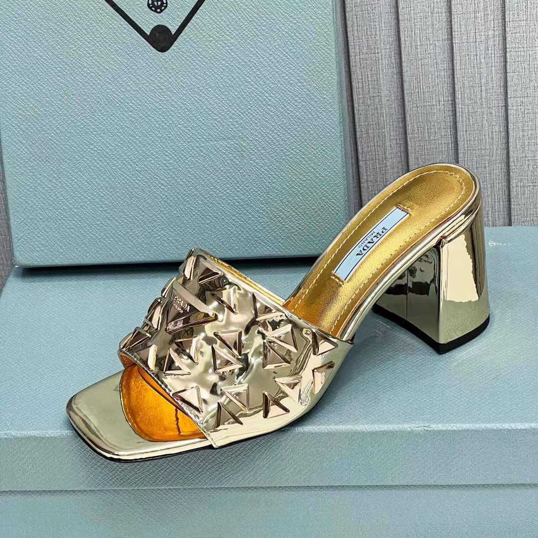 Prada Studded Metallic Leather Mules - FashionPlug