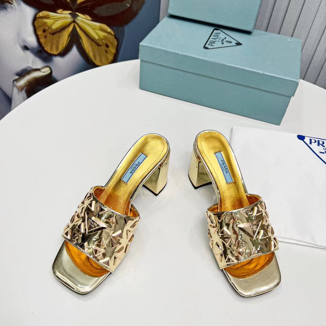 Prada Studded Metallic Leather Mules - FashionPlug