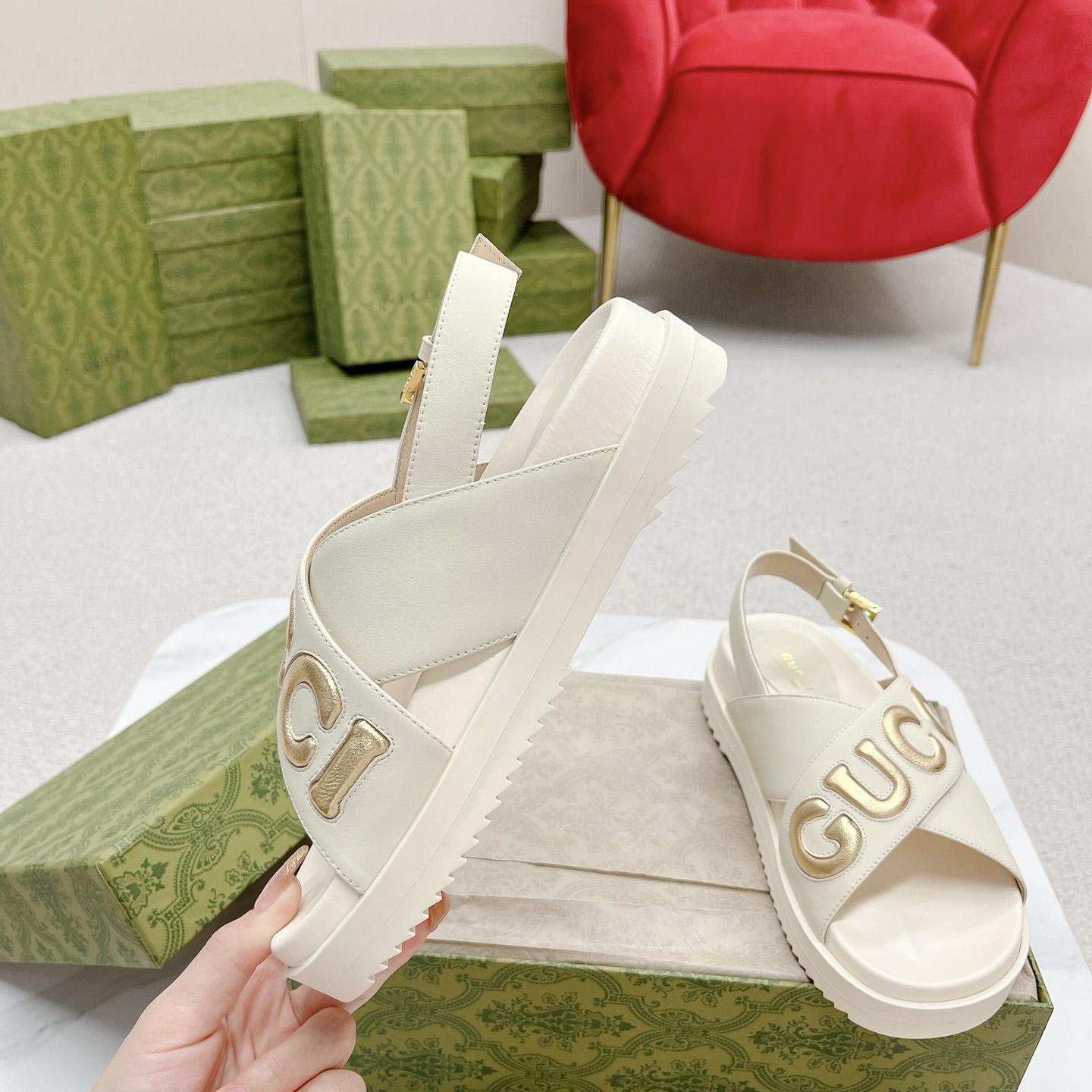 Gucci White Embossed Sandals - FashionPlug