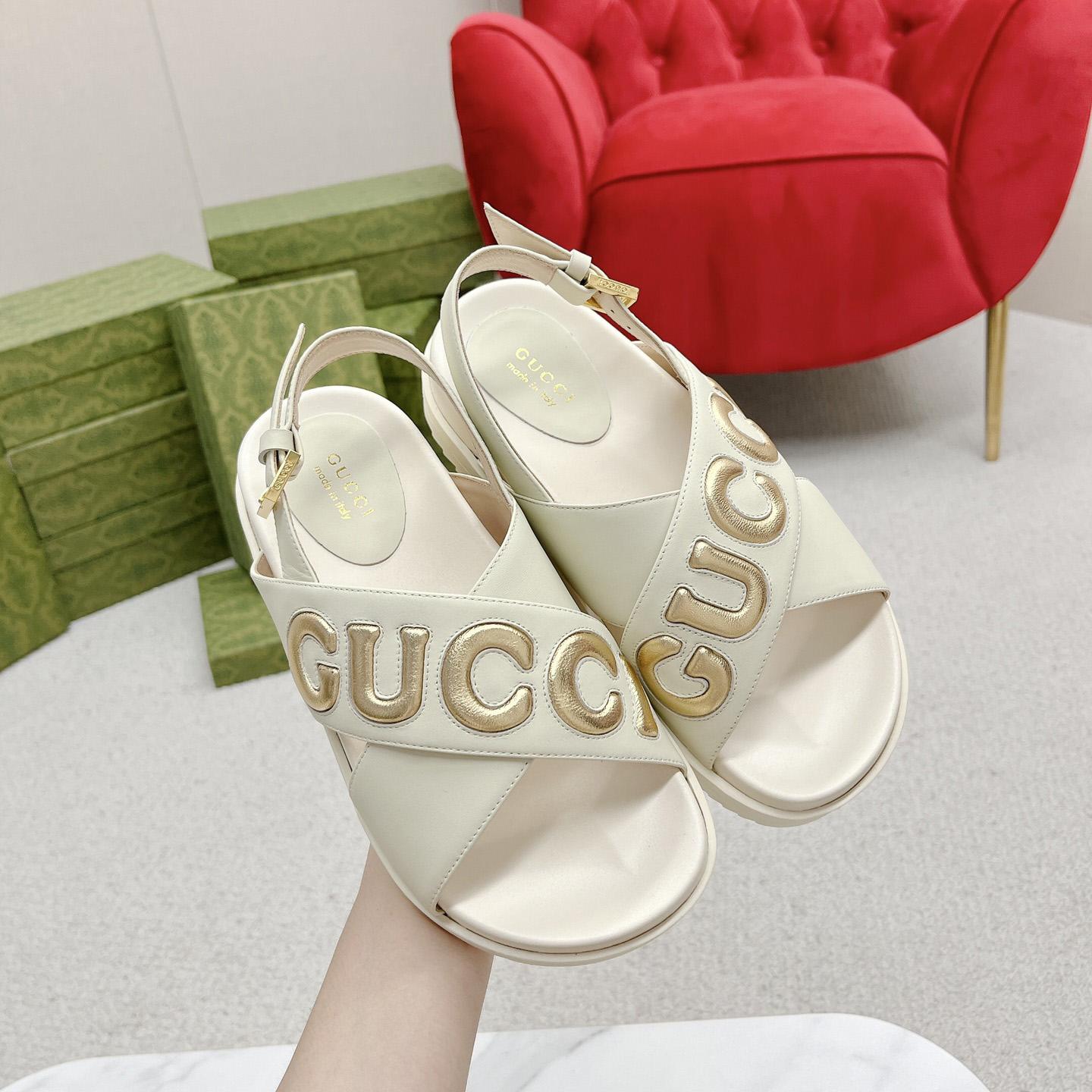 Gucci White Embossed Sandals - FashionPlug