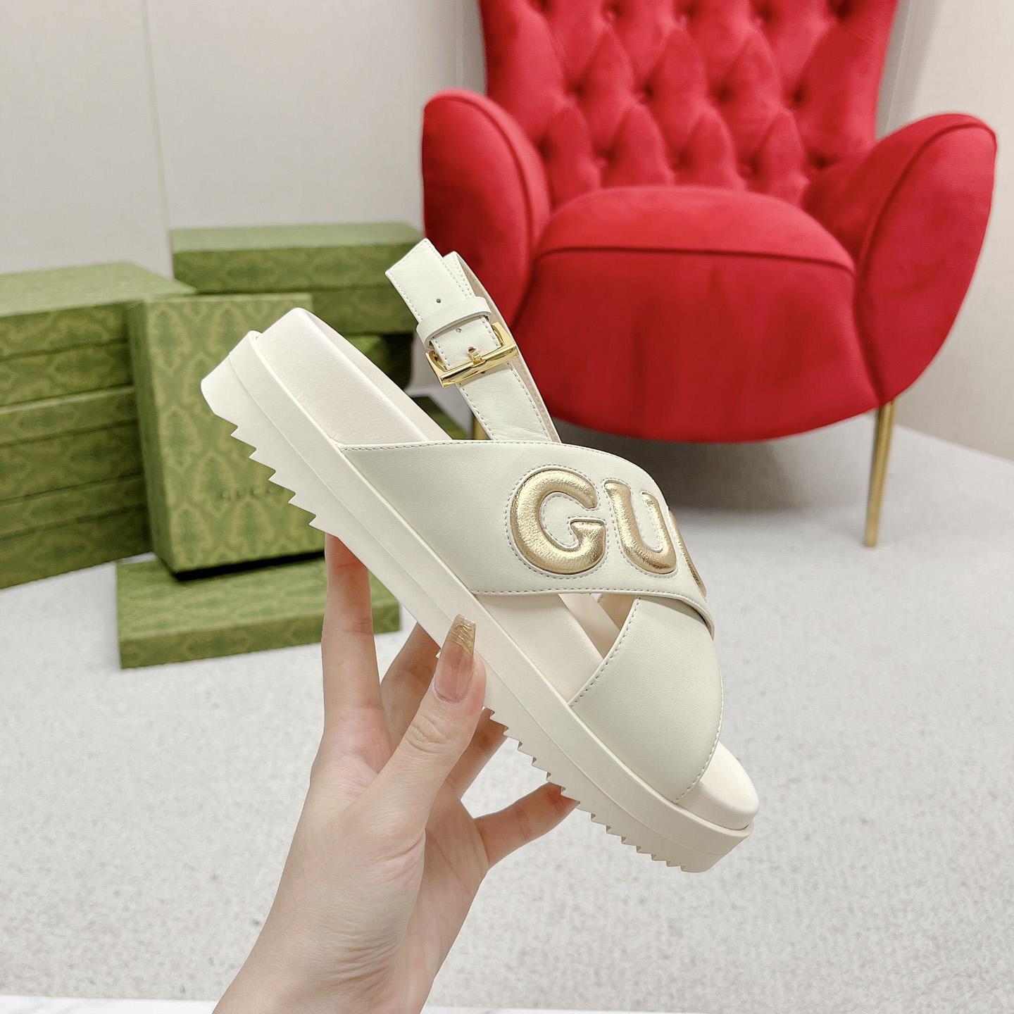 Gucci White Embossed Sandals - FashionPlug