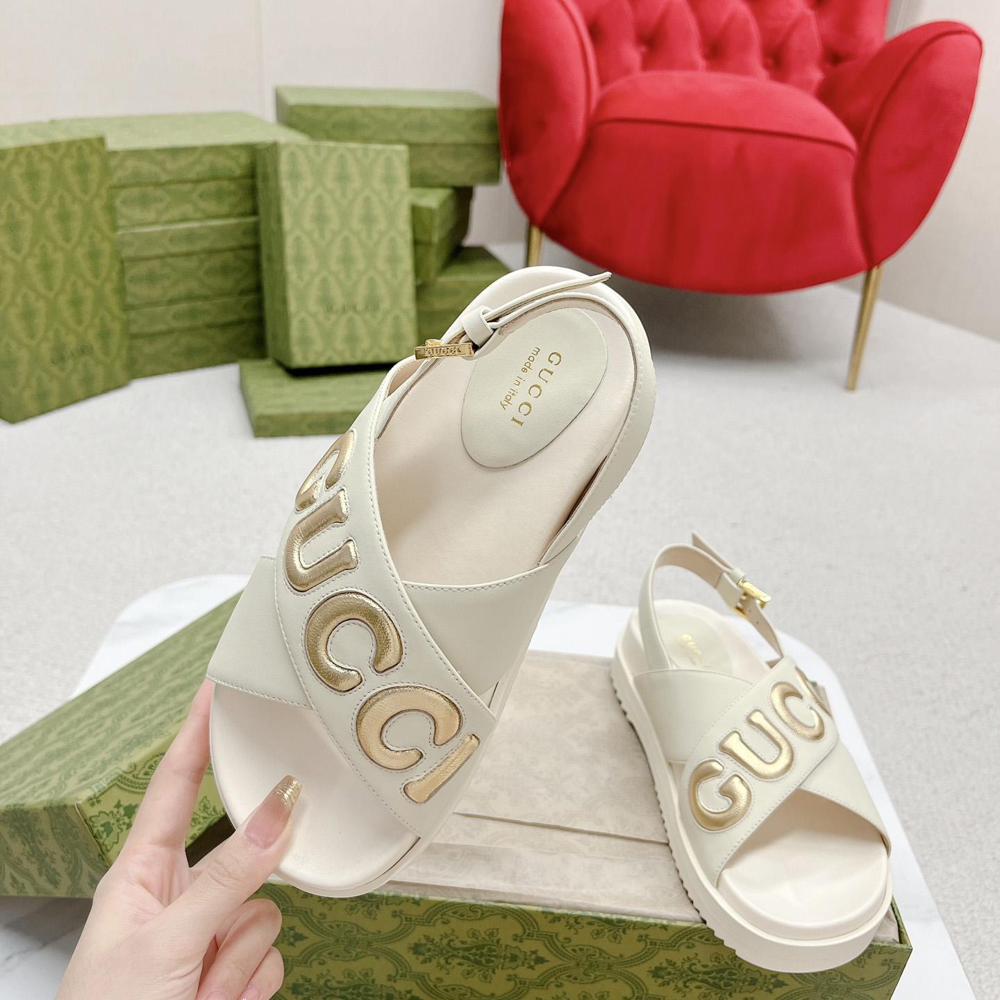 Gucci White Embossed Sandals - FashionPlug