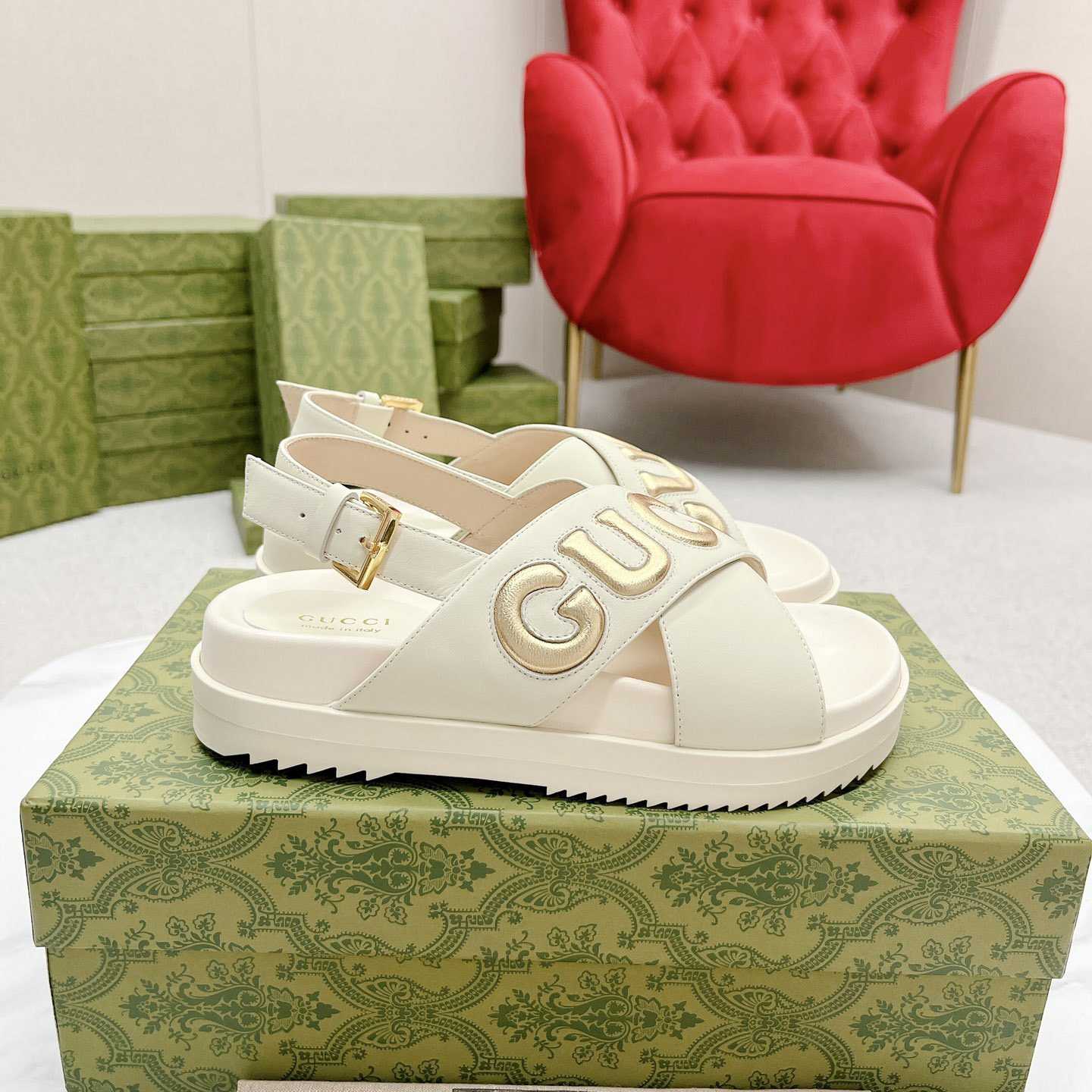 Gucci White Embossed Sandals - FashionPlug