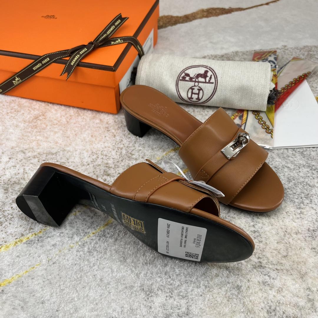 Hermes Open Toe Round Toe Casual Style Plain Leather Block Heels - FashionPlug
