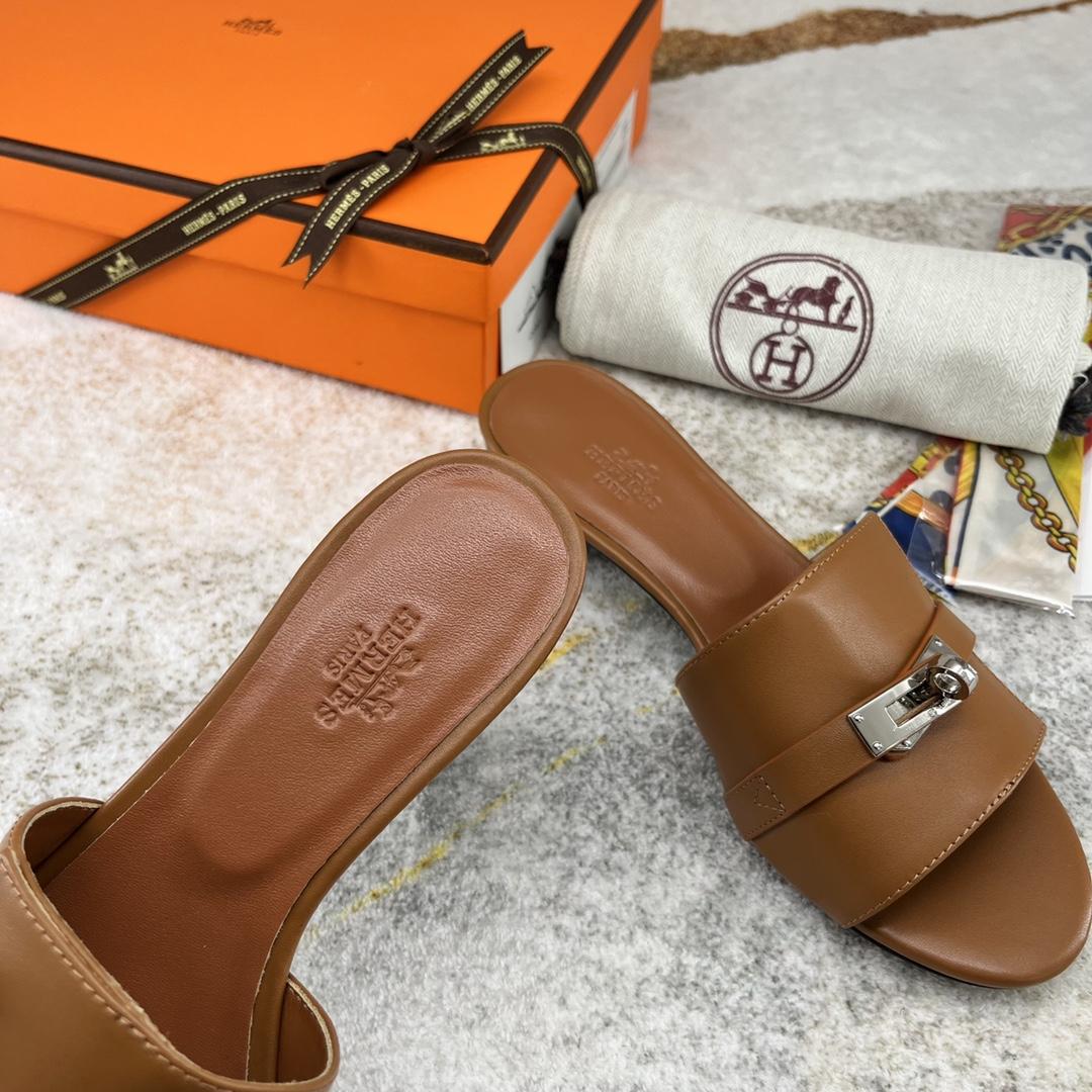 Hermes Open Toe Round Toe Casual Style Plain Leather Block Heels - FashionPlug