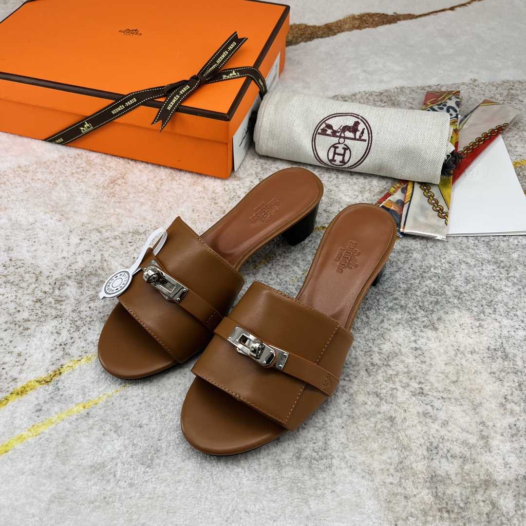 Hermes Open Toe Round Toe Casual Style Plain Leather Block Heels - FashionPlug