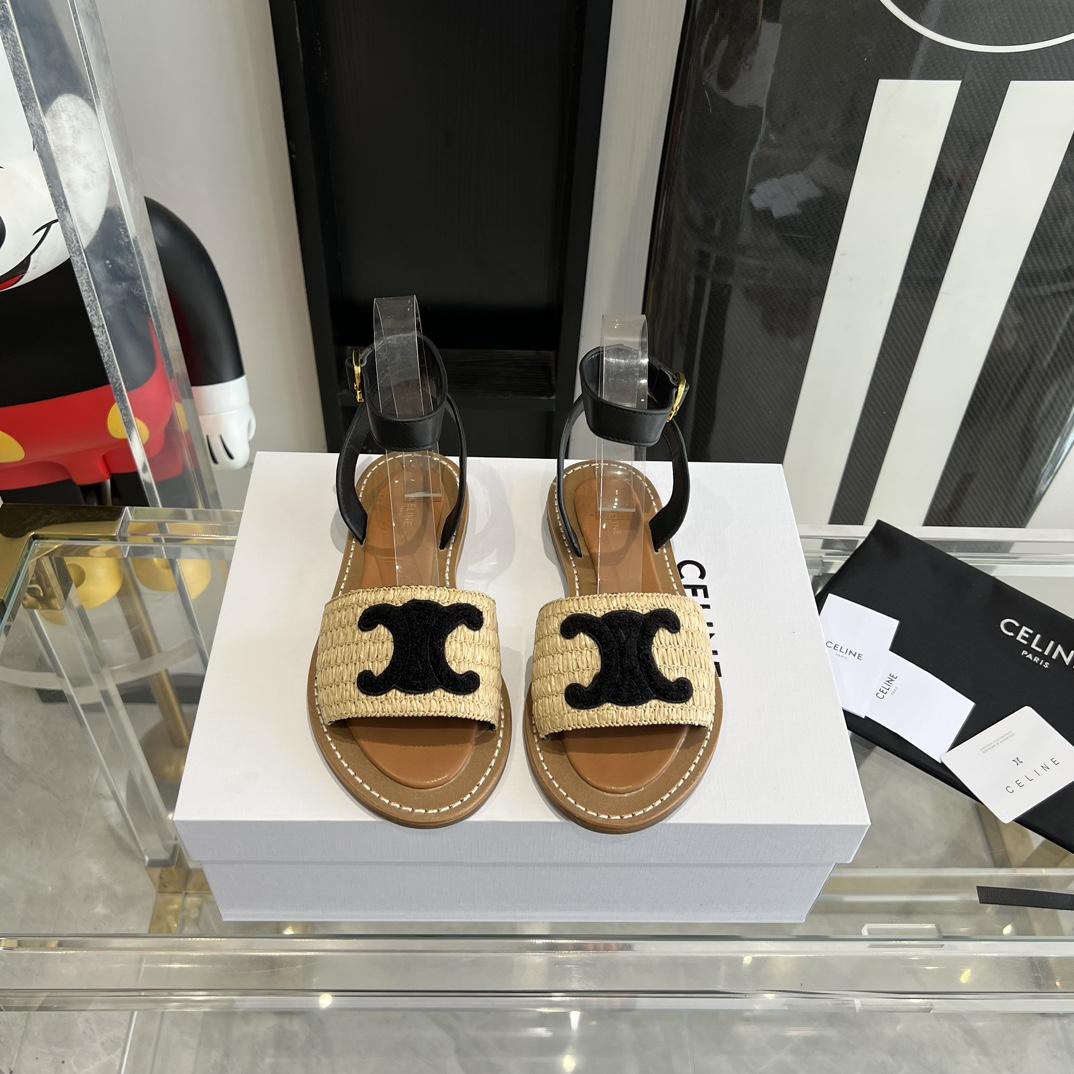 Celine Lympia Flat Strap Sandal In Raffia & Calfskin - FashionPlug