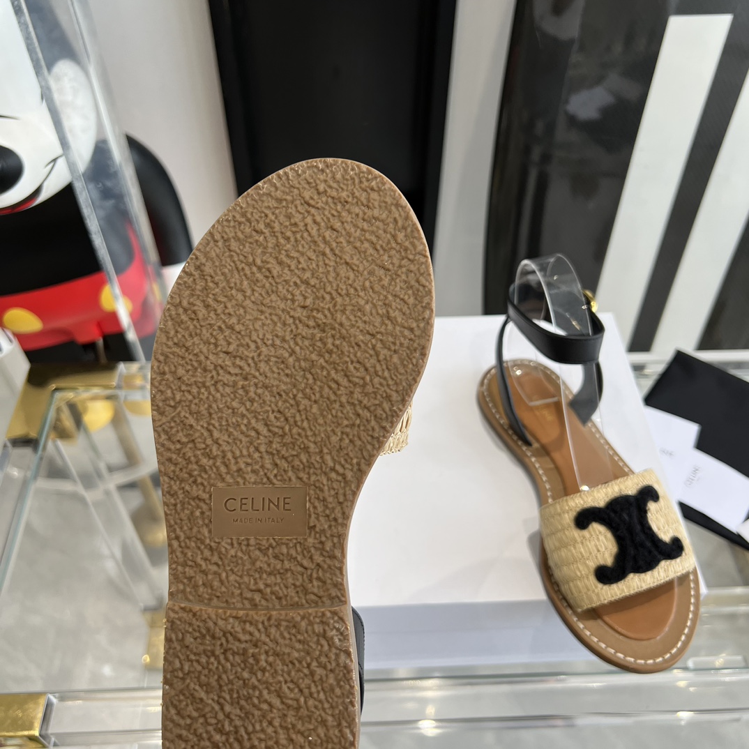 Celine Lympia Flat Strap Sandal In Raffia & Calfskin - FashionPlug