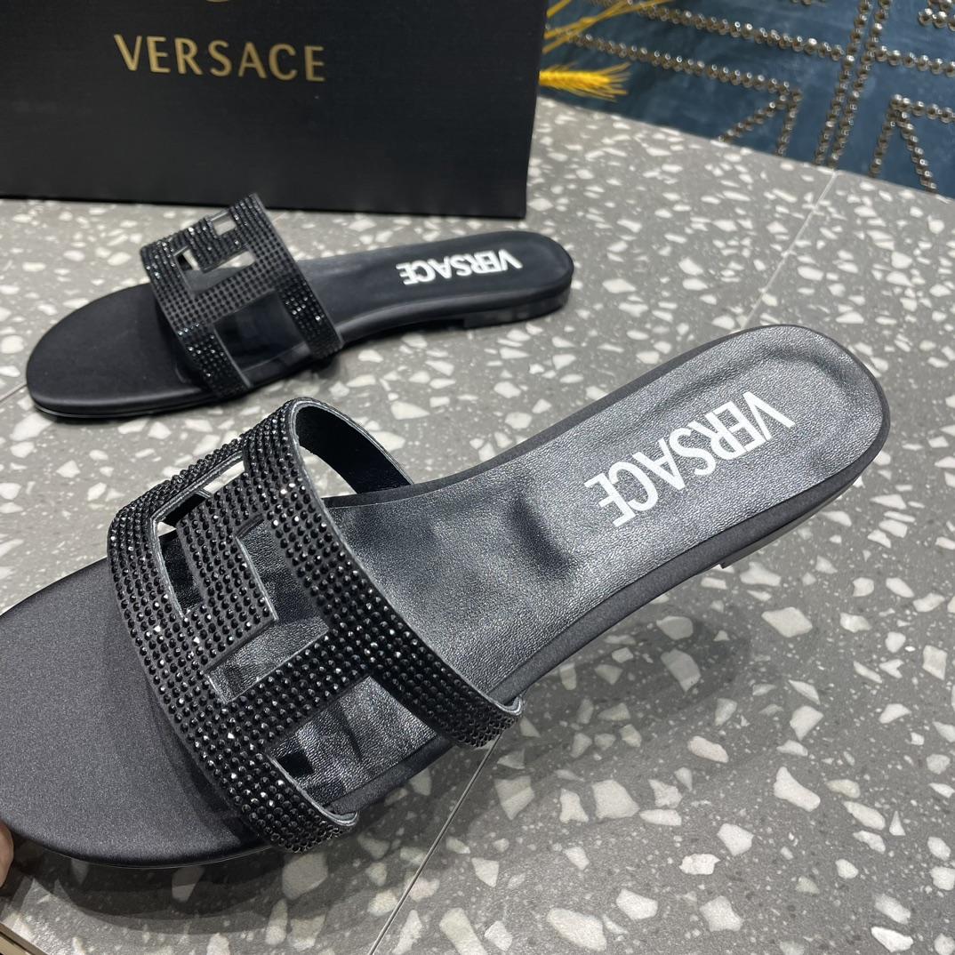 Versace Greca Maze Crystal Flat Sandals - FashionPlug
