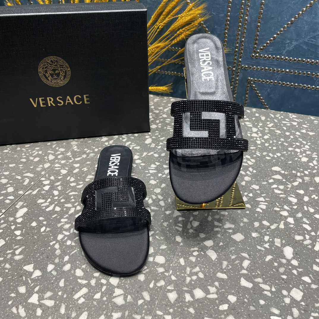 Versace Greca Maze Crystal Flat Sandals - FashionPlug