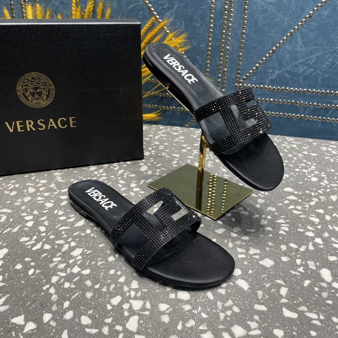 Versace Greca Maze Crystal Flat Sandals - FashionPlug