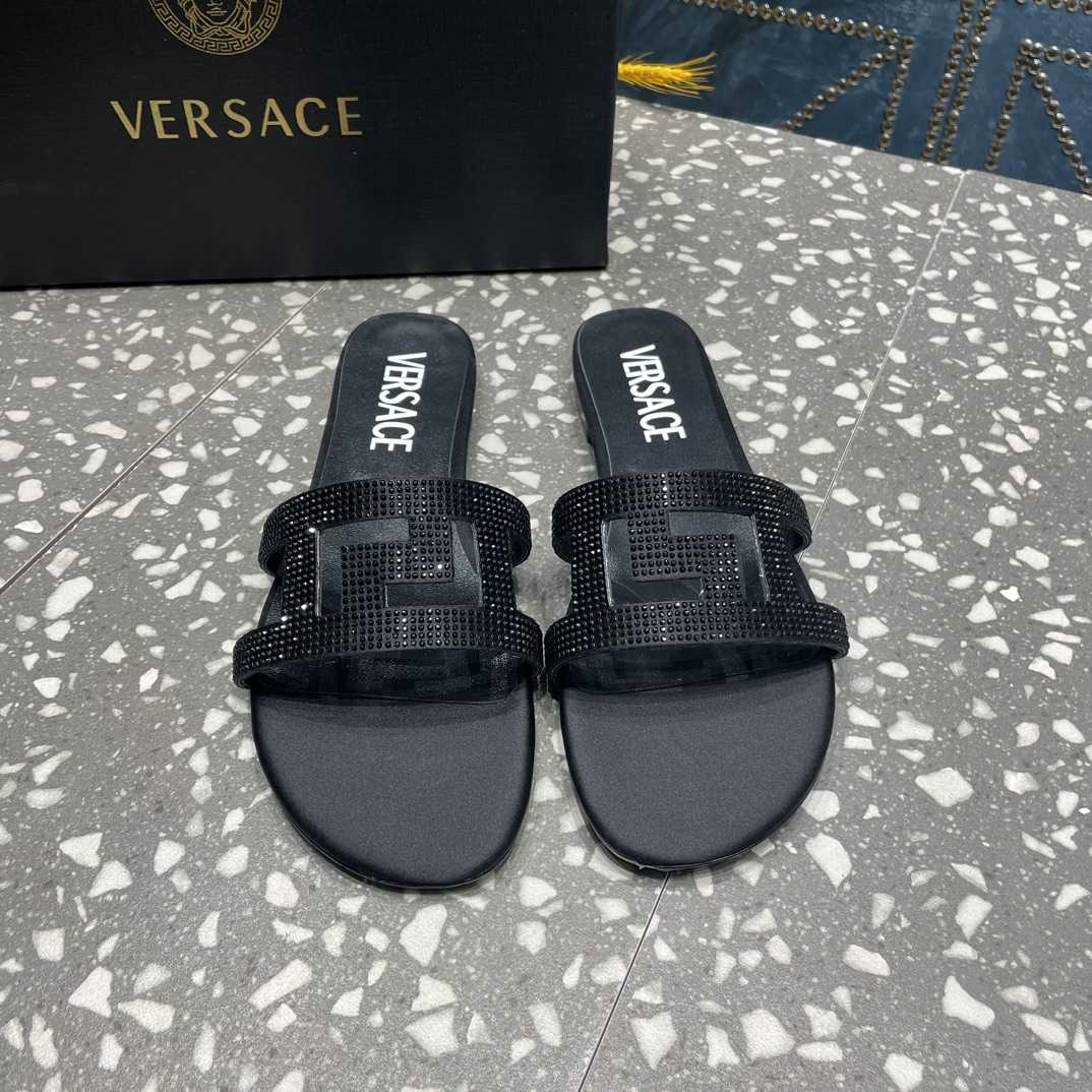 Versace Greca Maze Crystal Flat Sandals - FashionPlug