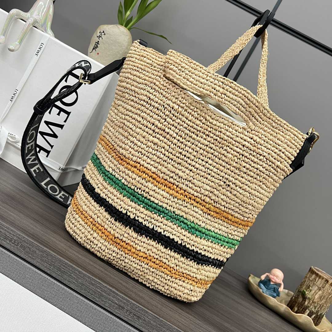 Loewe Mini Slit Bag In Striped Raffia And Calfskin - FashionPlug