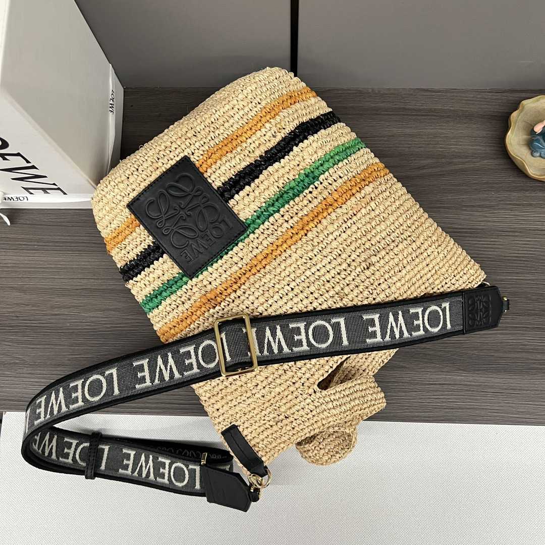 Loewe Mini Slit Bag In Striped Raffia And Calfskin - FashionPlug