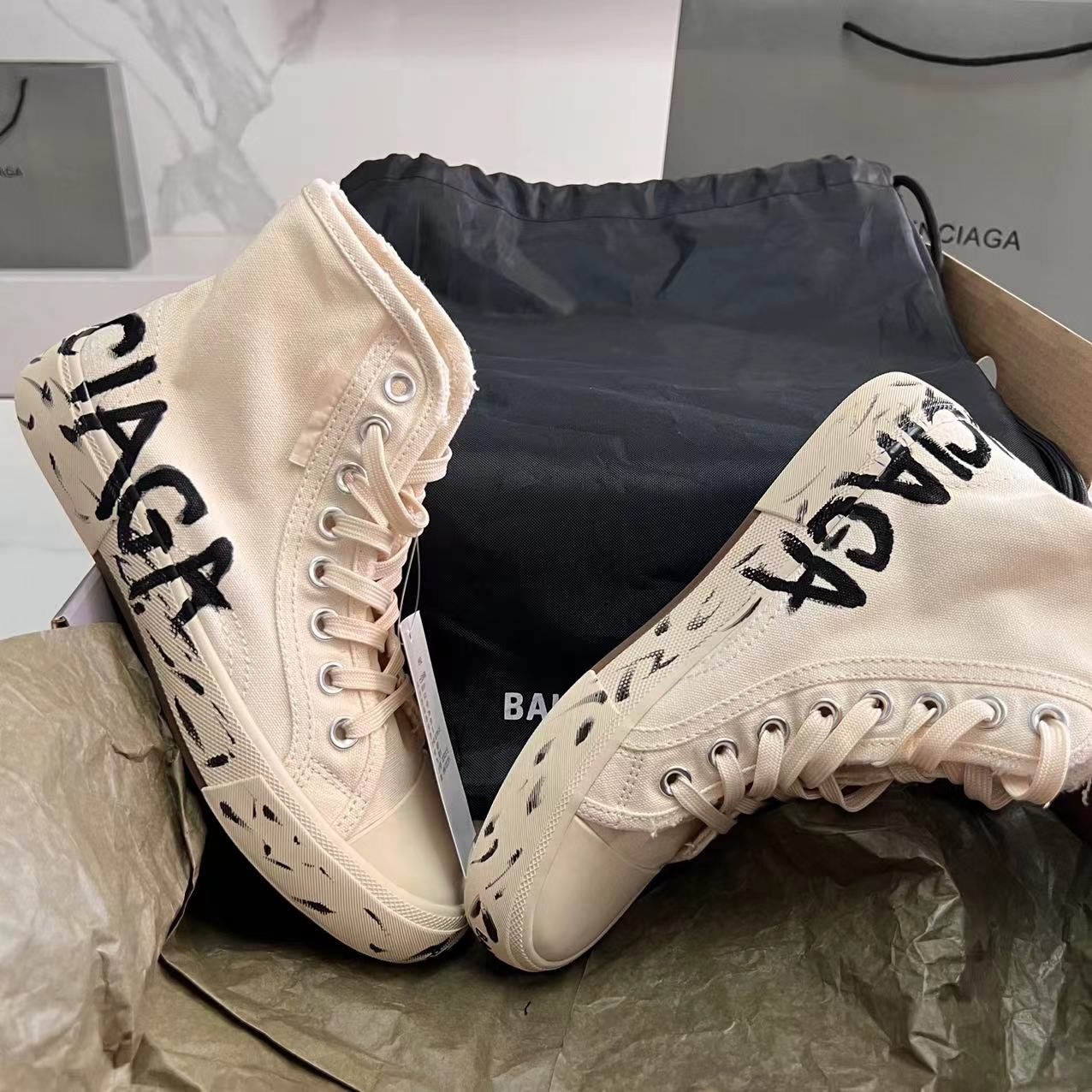 Balenciaga Paris High Top Graffiti Sneaker In White  - FashionPlug