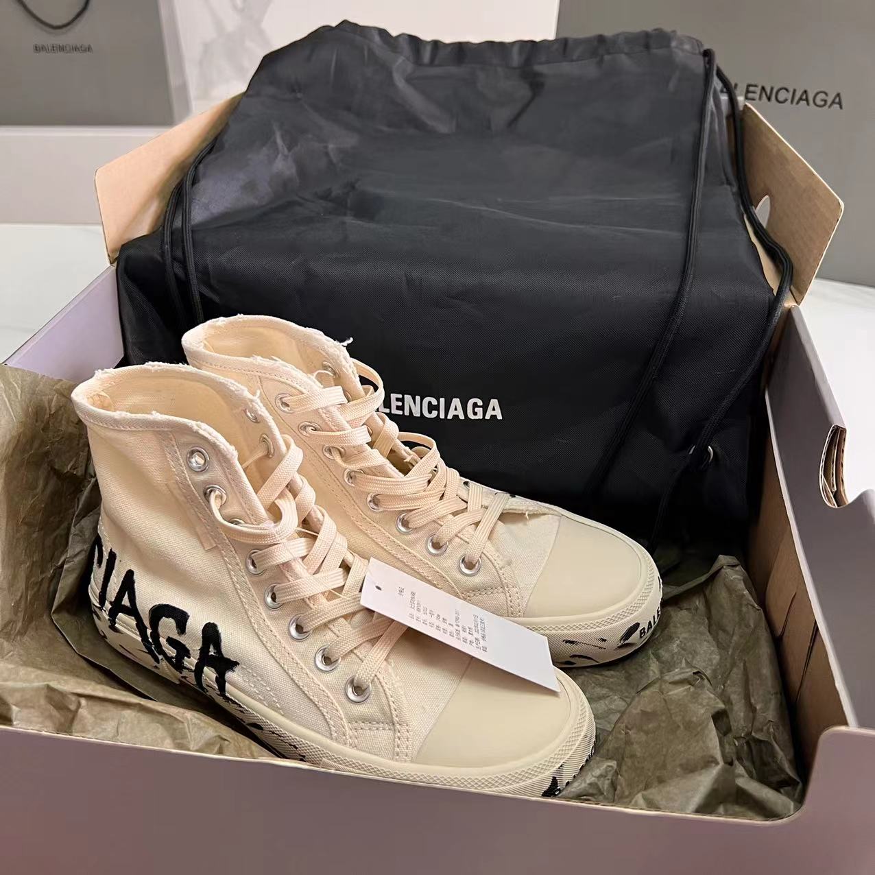 Balenciaga Paris High Top Graffiti Sneaker In White  - FashionPlug