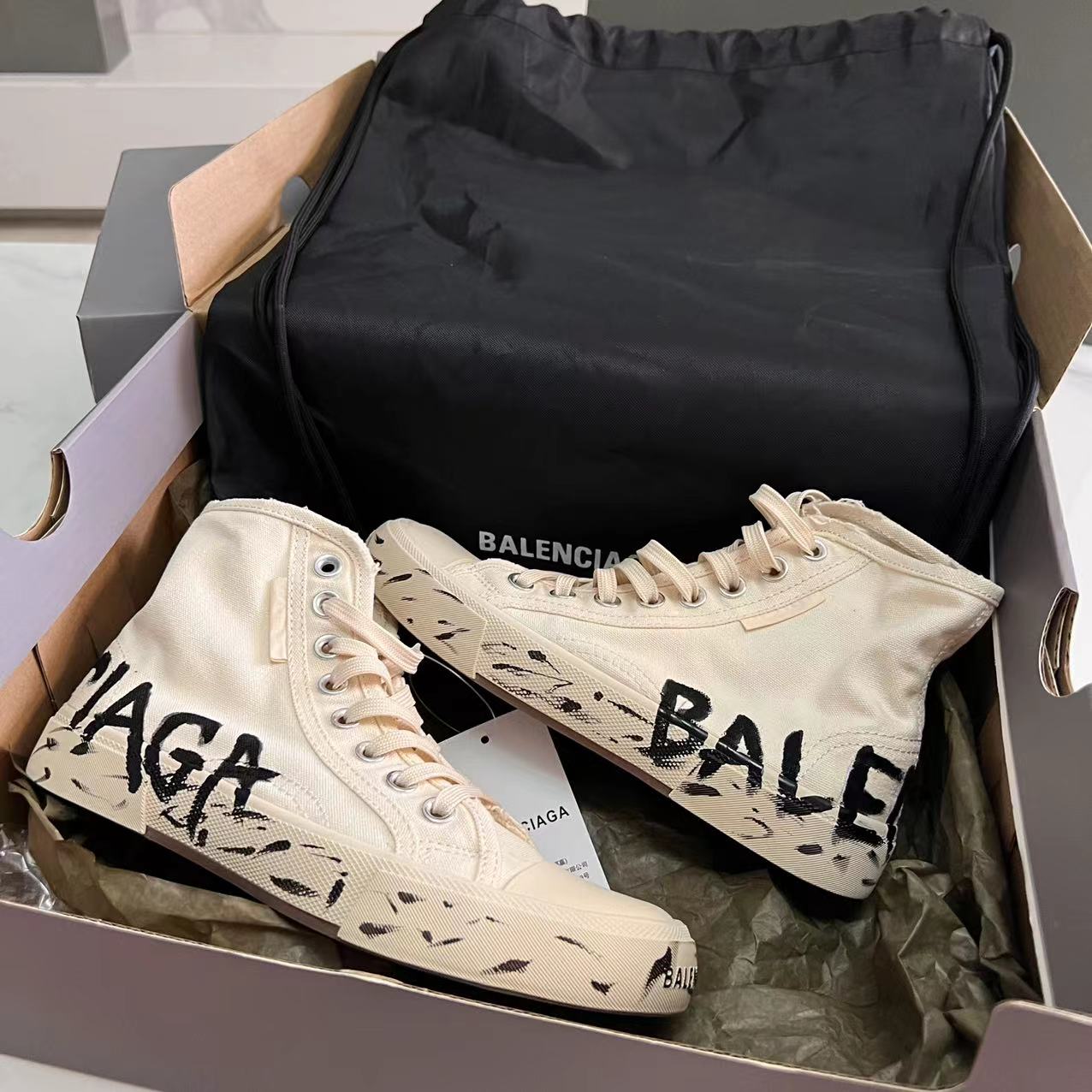 Balenciaga Paris High Top Graffiti Sneaker In White  - FashionPlug