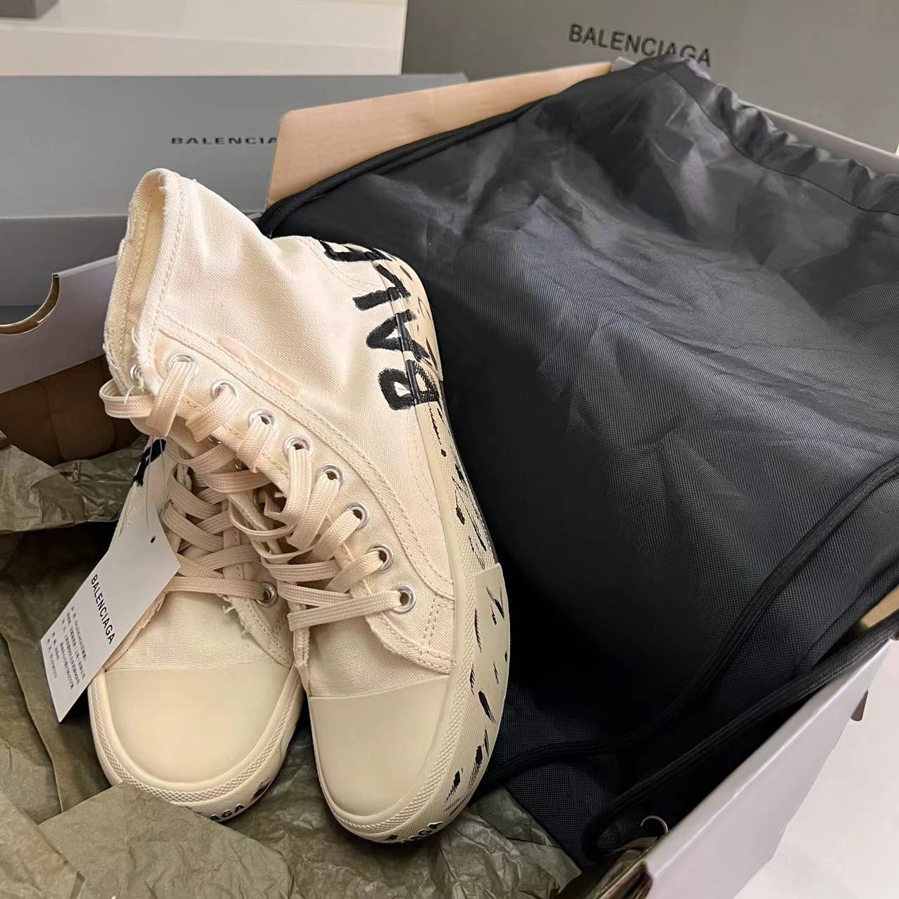 Balenciaga Paris High Top Graffiti Sneaker In White  - FashionPlug