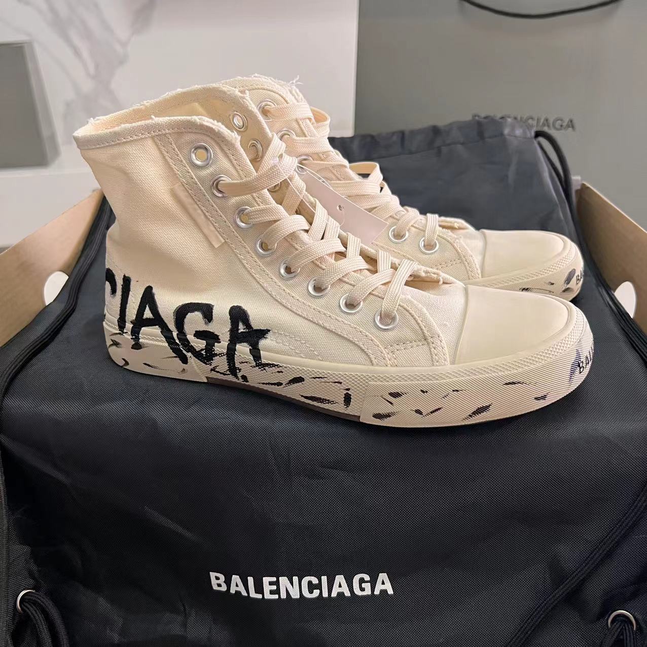Balenciaga Paris High Top Graffiti Sneaker In White  - FashionPlug