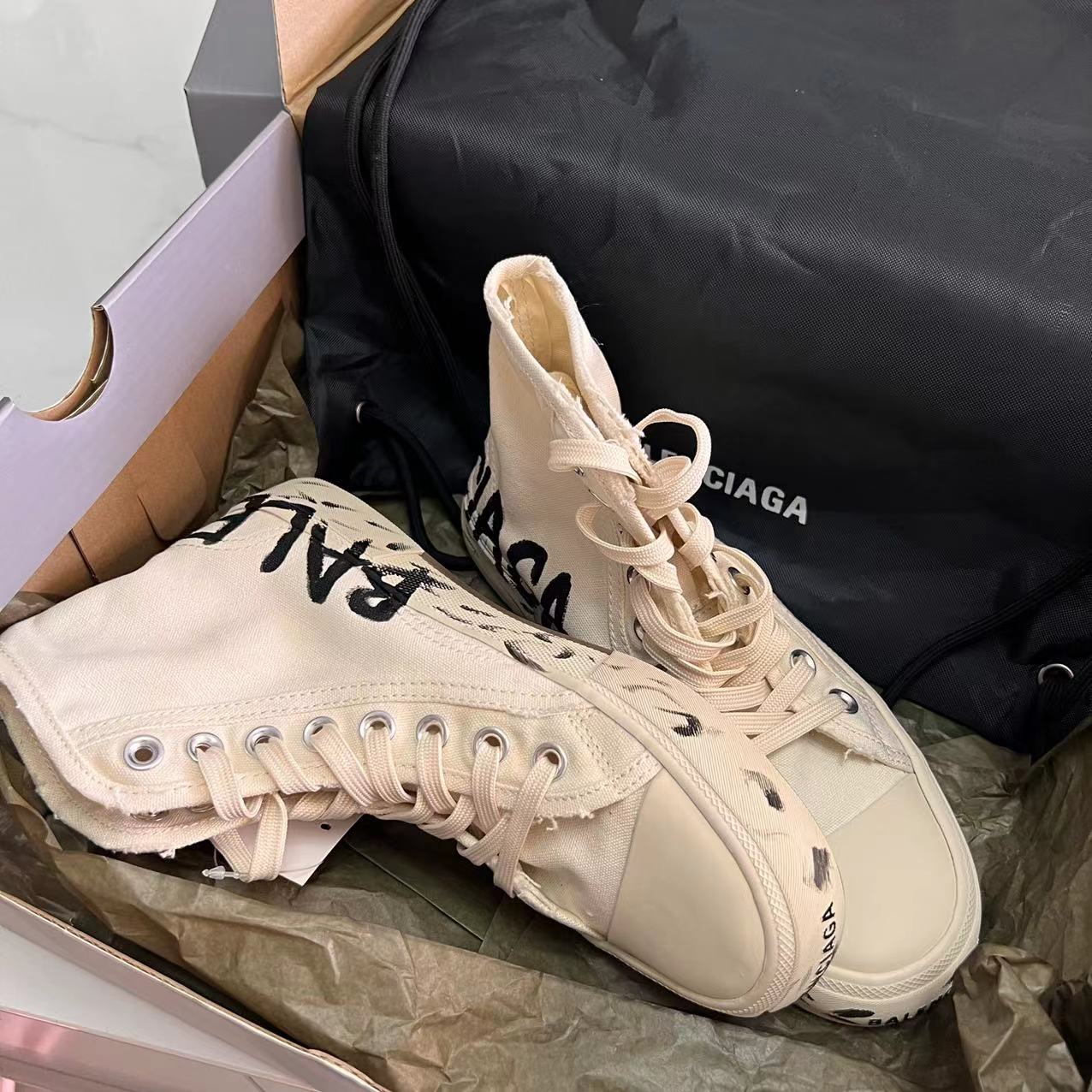 Balenciaga Paris High Top Graffiti Sneaker In White  - FashionPlug
