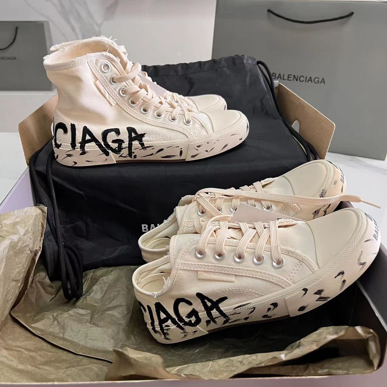 Balenciaga Paris High Top Graffiti Sneaker In White  - FashionPlug