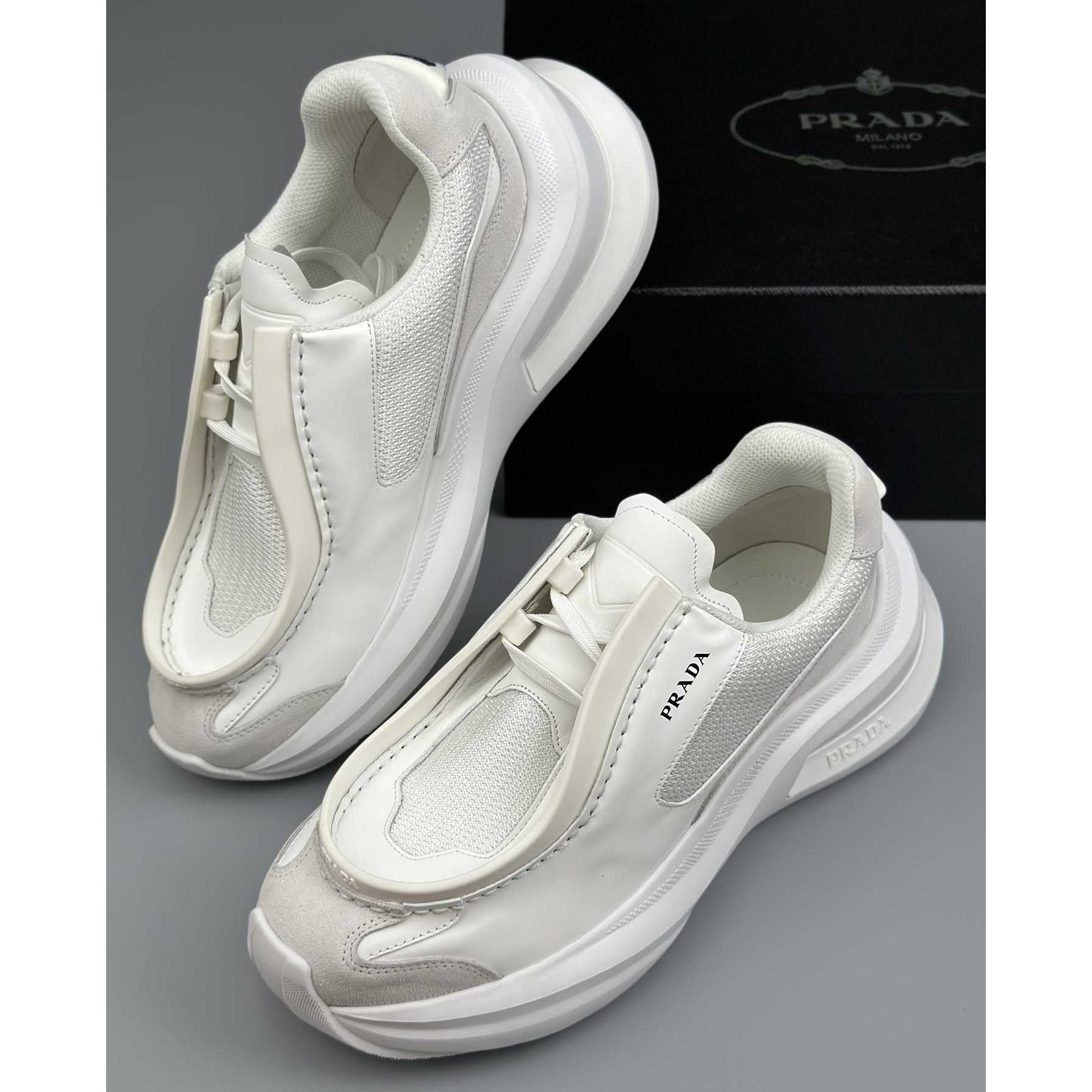Prada Systeme Brushed Leather Sneakers With Bike Fabric And Suede Elements - FashionPlug