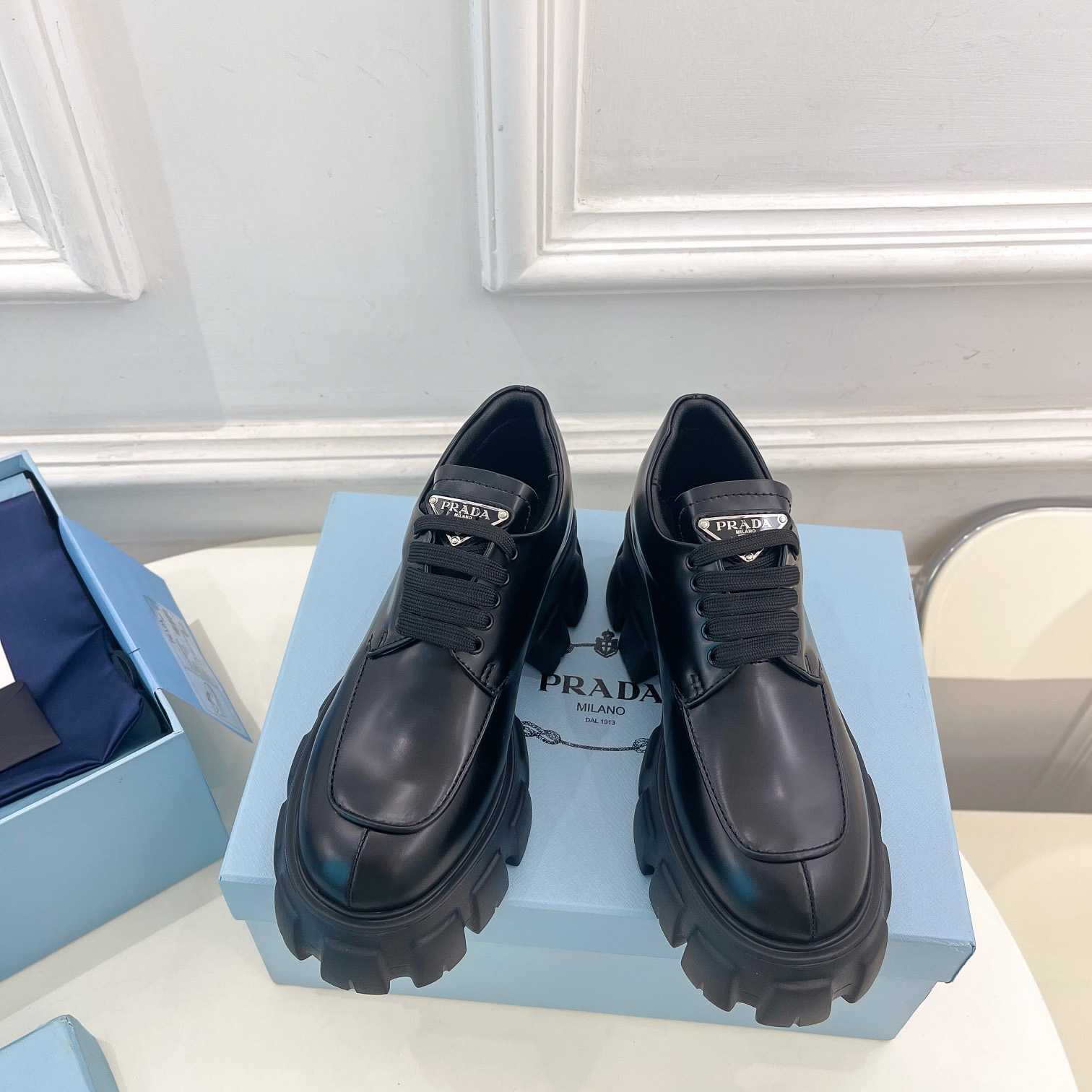 Prada Monolith Brushed Leather Lace-up Shoes - FashionPlug