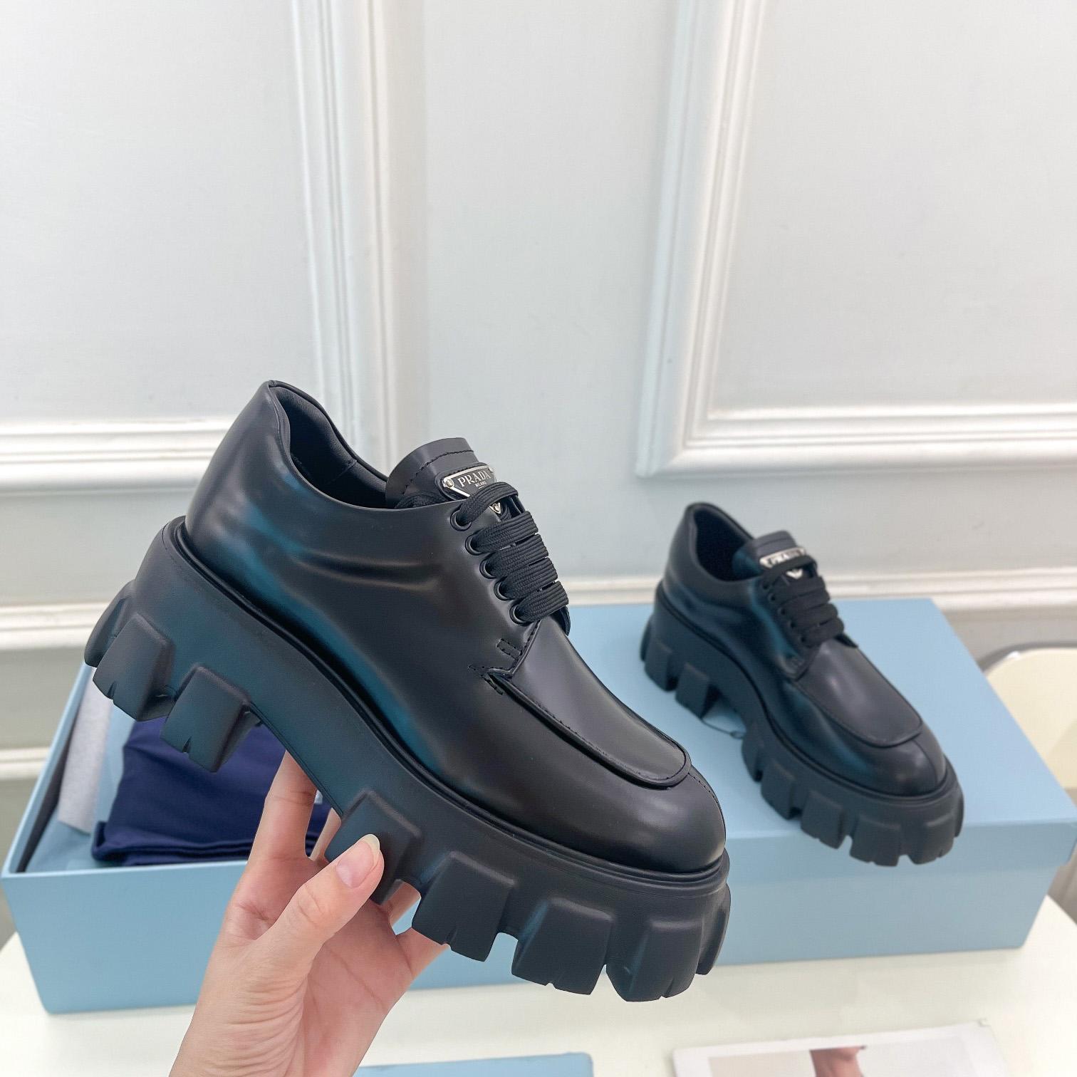 Prada Monolith Brushed Leather Lace-up Shoes - FashionPlug