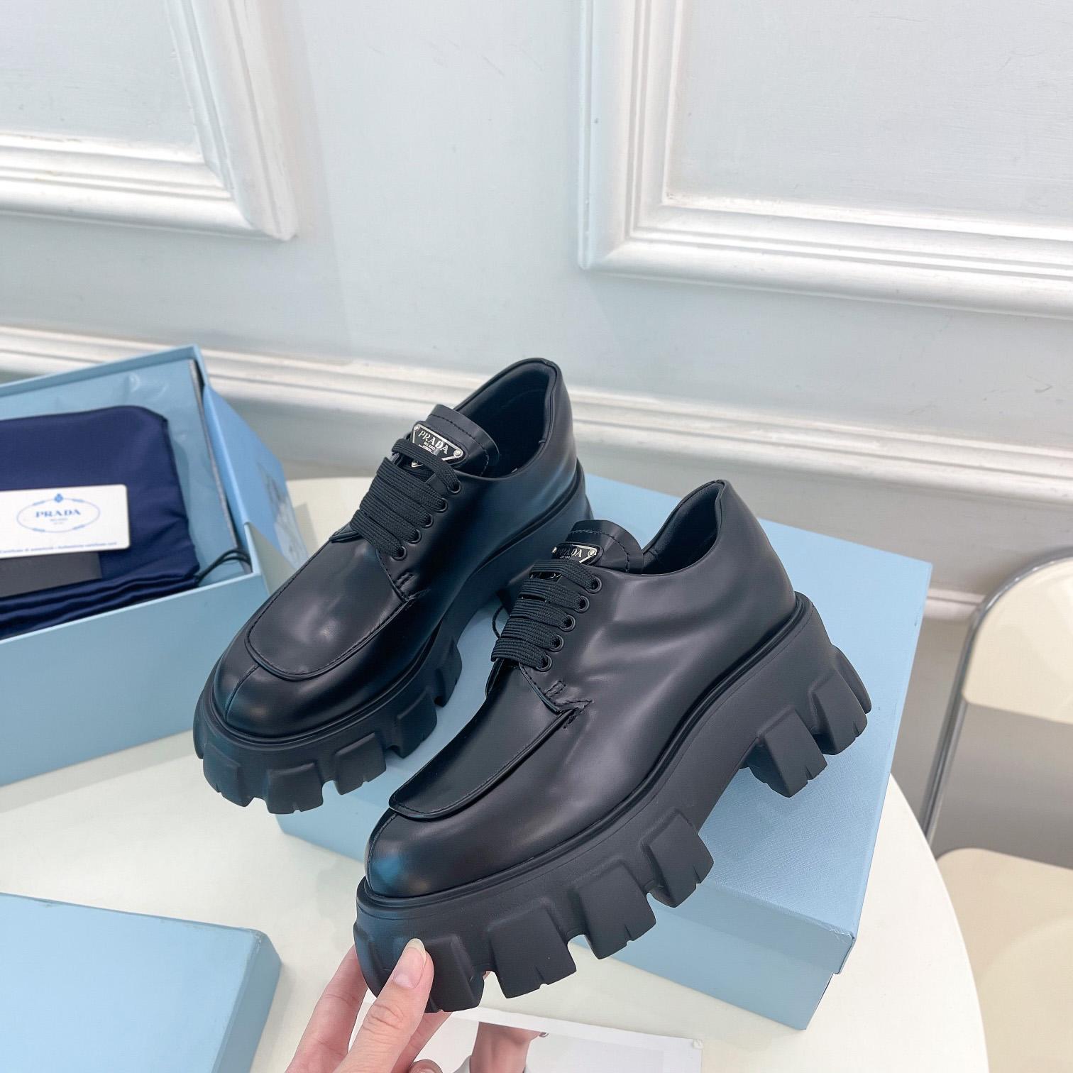 Prada Monolith Brushed Leather Lace-up Shoes - FashionPlug