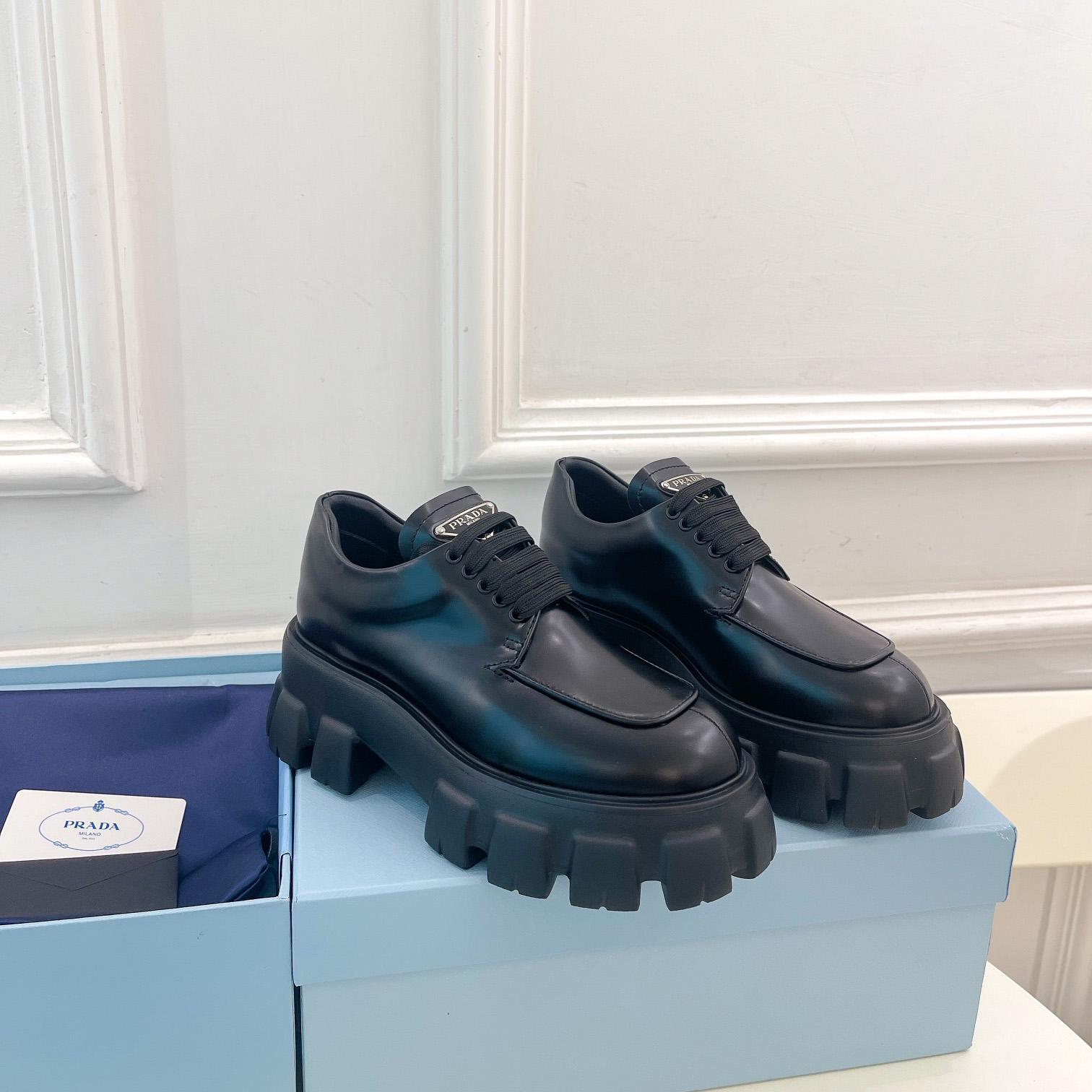 Prada Monolith Brushed Leather Lace-up Shoes - FashionPlug