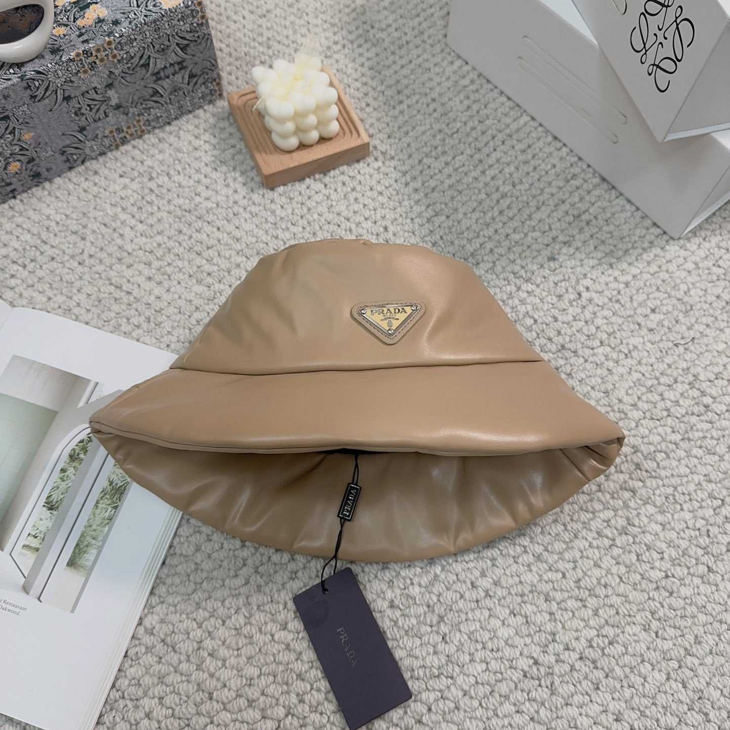 Prada Enamelled-logo Leather Bucket Hat - FashionPlug